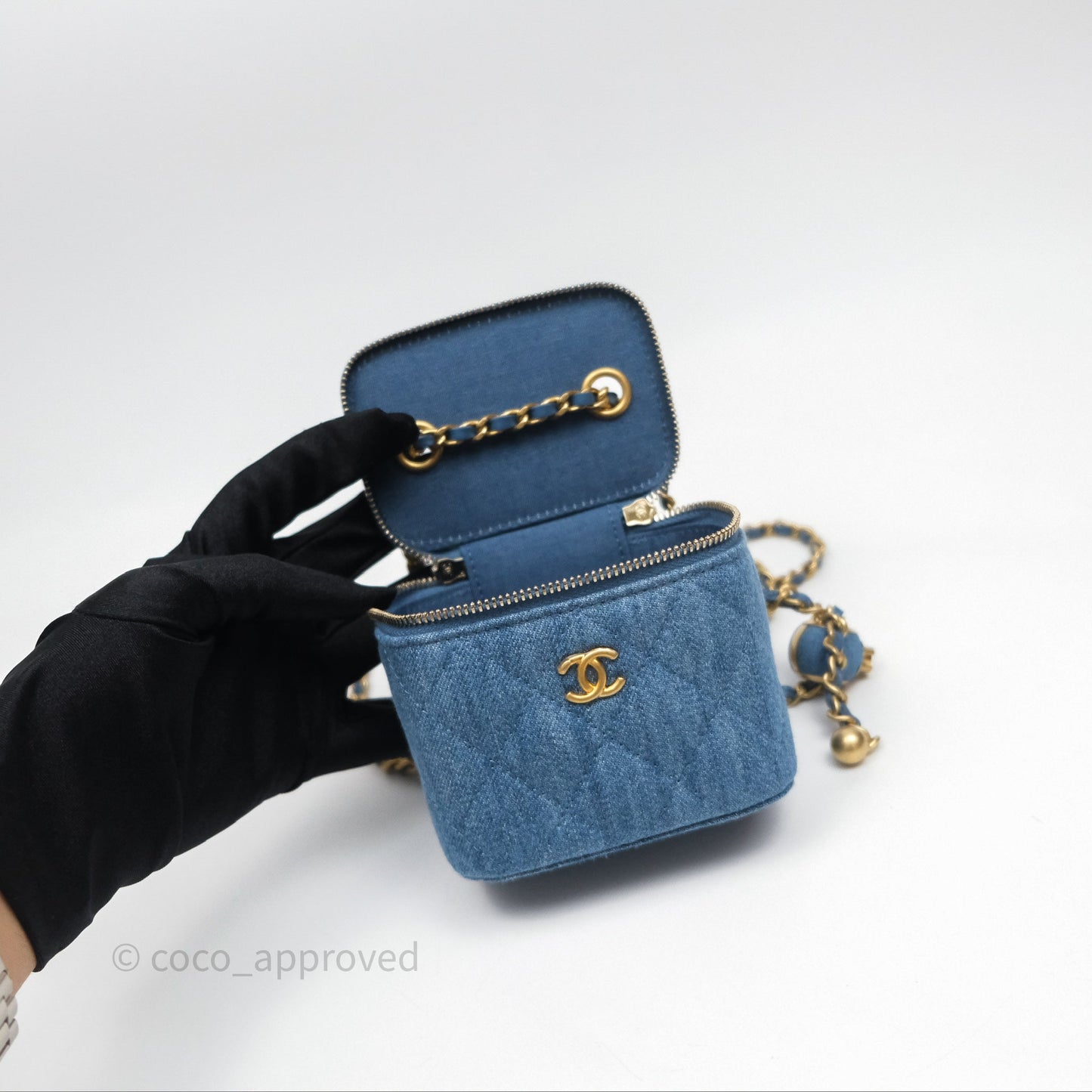 Chanel Mini Pearl Crush Vanity With Chain Denim Aged Gold Hardware
