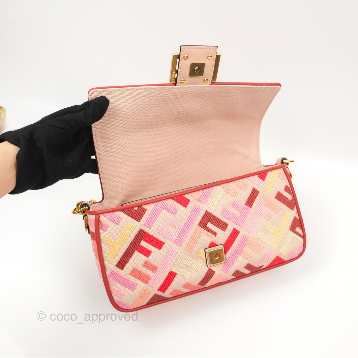 Fendi Medium Baguette Bag FF Embroidered Pink Canvas Gold Hardware