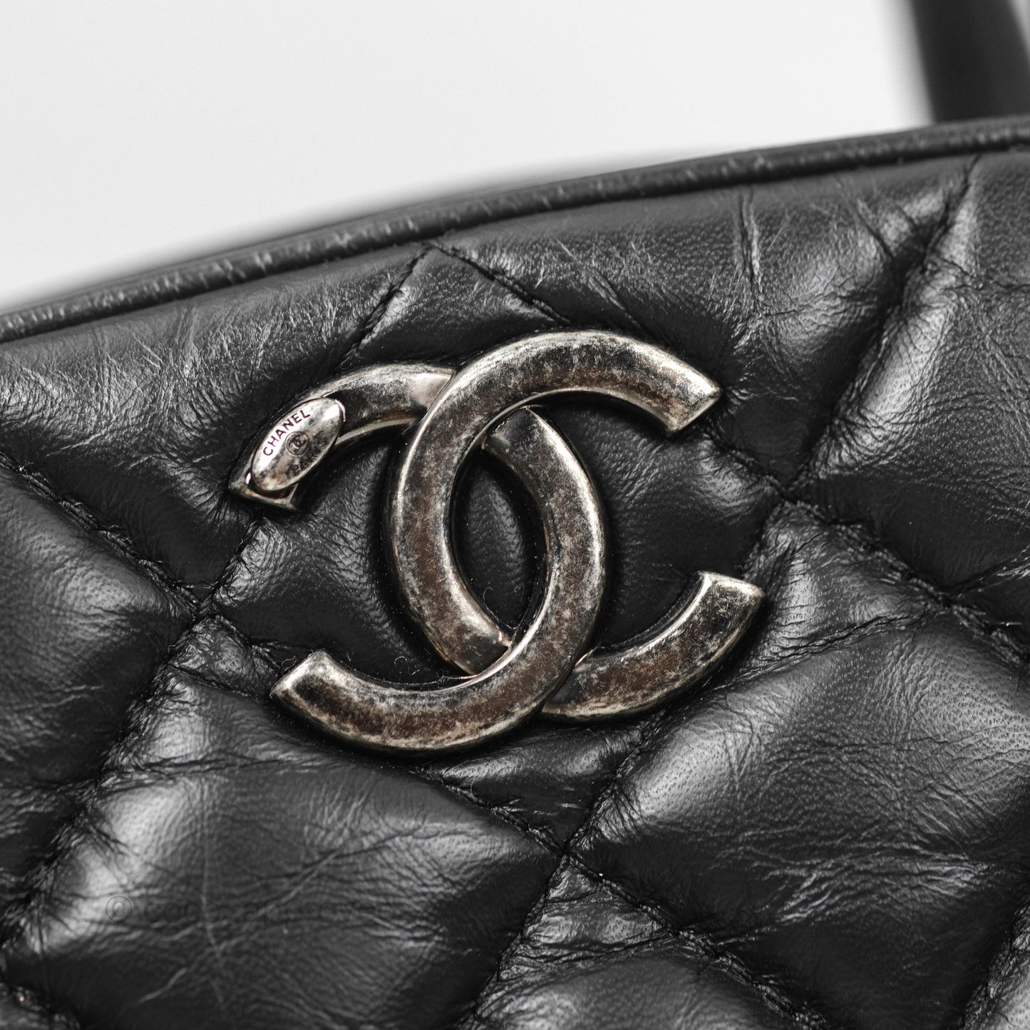 Chanel Quilted Small Handle Bowling Bag Black Aged Calfskin Ruthenium Hardware