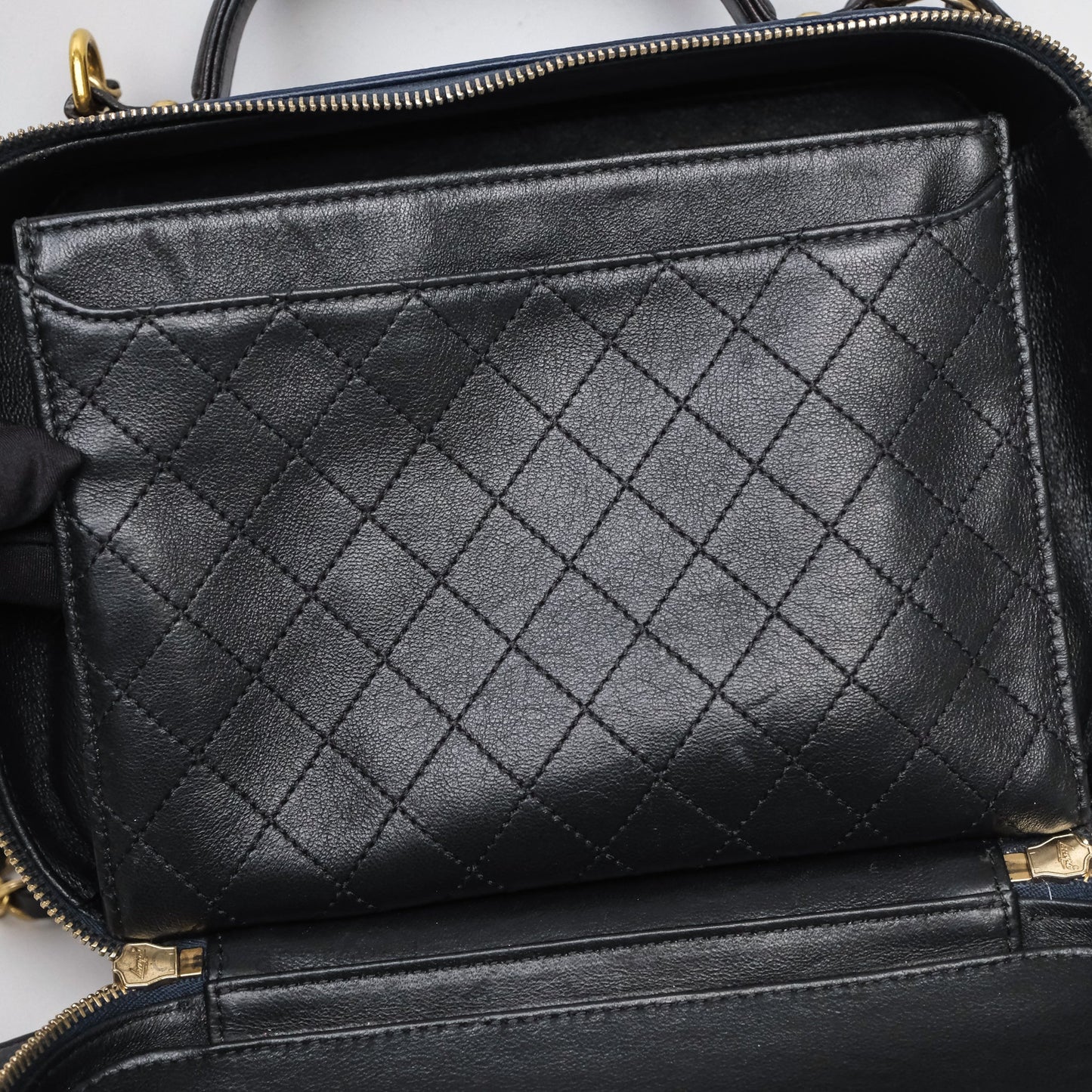 Chanel Quilted Large CC Filigree Vanity Case Navy Black Caviar Aged Gold Hardware