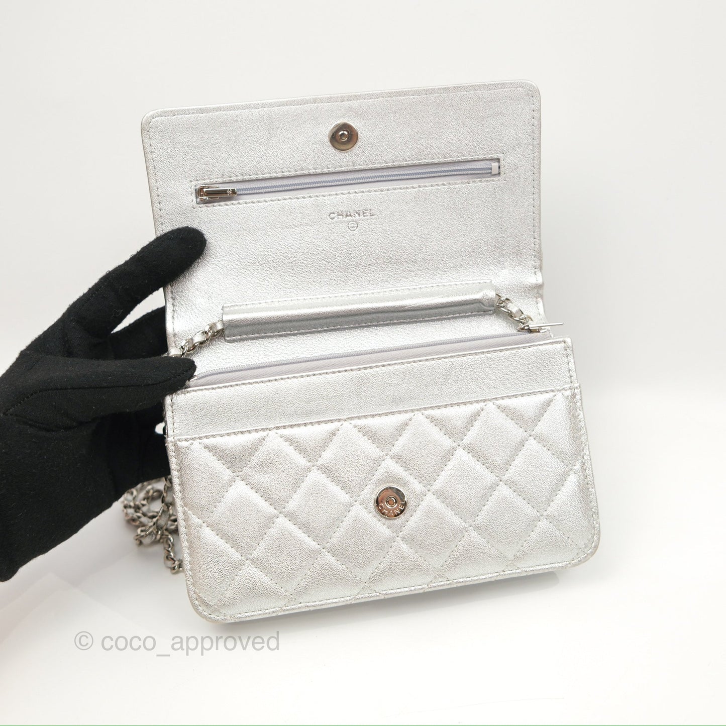 Chanel Quilted Wallet on Chain WOC Iridescent Silver Grained Lambskin Silver Hardware