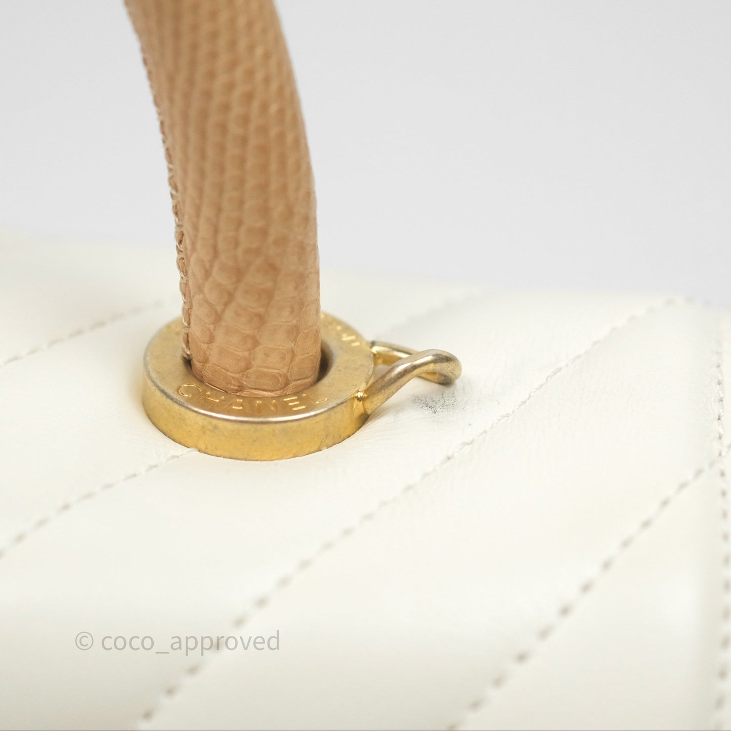 Chanel Medium Coco Handle Chevron Aged Calfskin Ivory Aged Gold Hardware Beige Lizard Handle