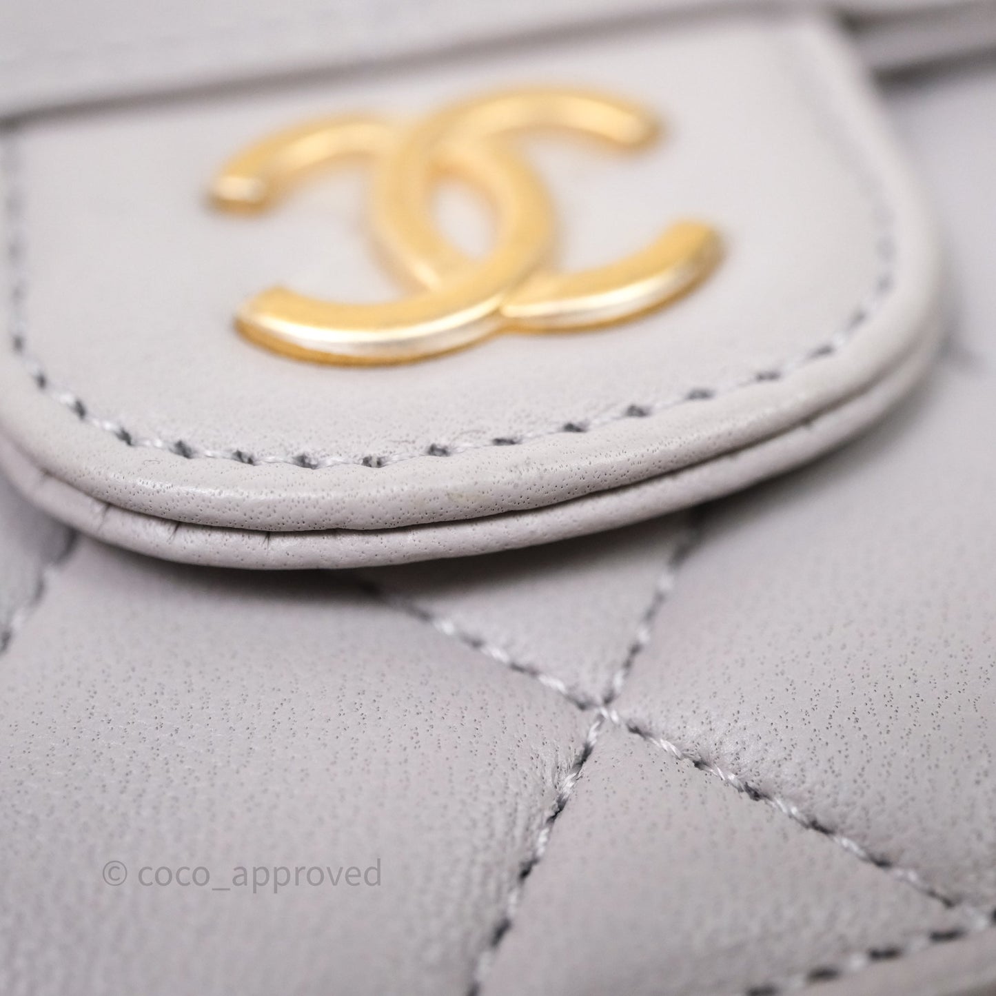 Chanel Mini Handle Flap Coin Purse With Chain Grey Lambskin Aged Gold Hardware