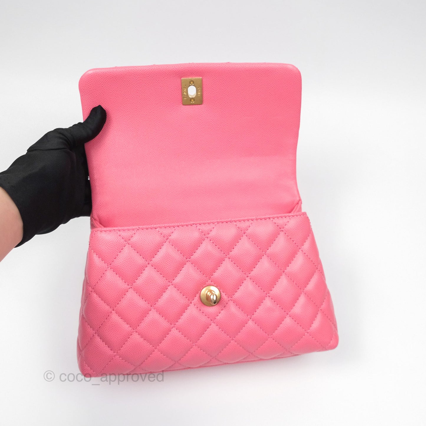 Chanel Small Coco Handle Quilted Pink Caviar Aged Gold Hardware Lizard Handle