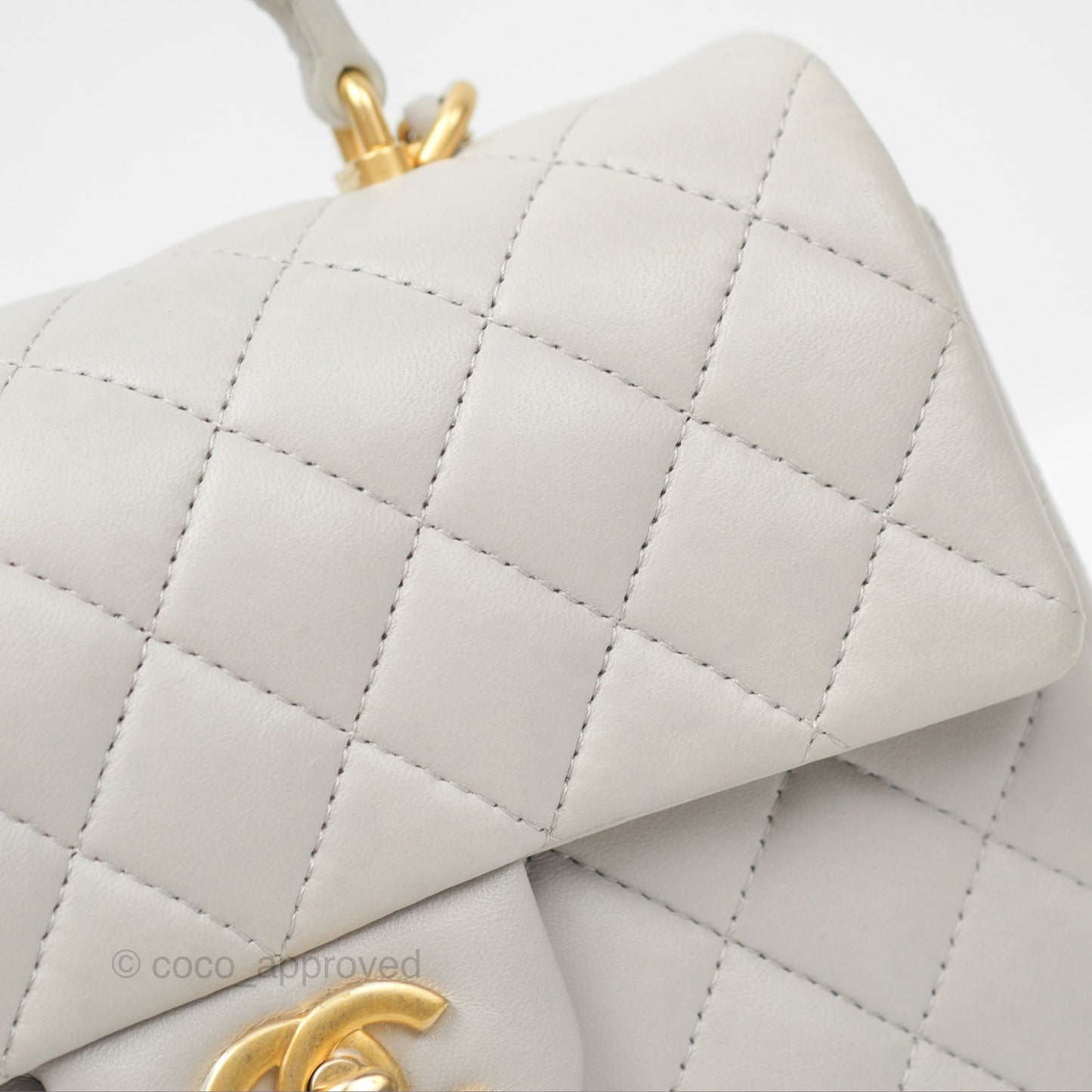 Chanel Top Handle Mini Rectangular Flap Bag Light Grey Lambskin Aged Gold Hardware