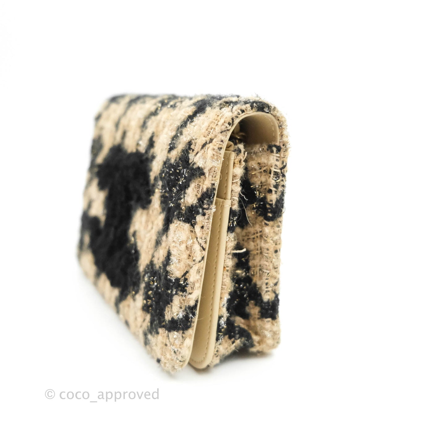 Chanel Wallet On Chain WOC Houndstooth Beige Black Tweed Gold Hardware