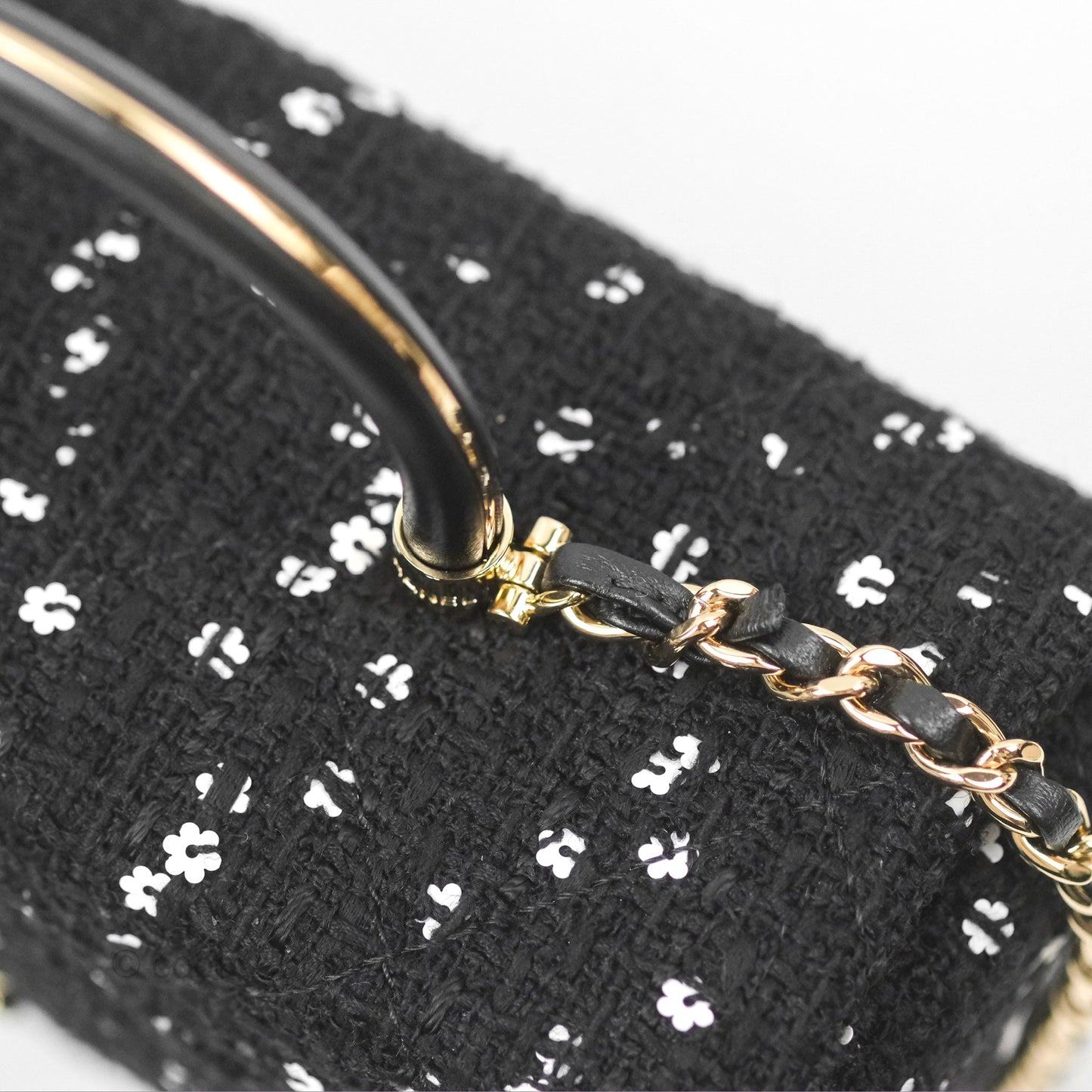 Chanel Small Top Handle Box Bag Black Tweed Sequins Gold Hardware 23K