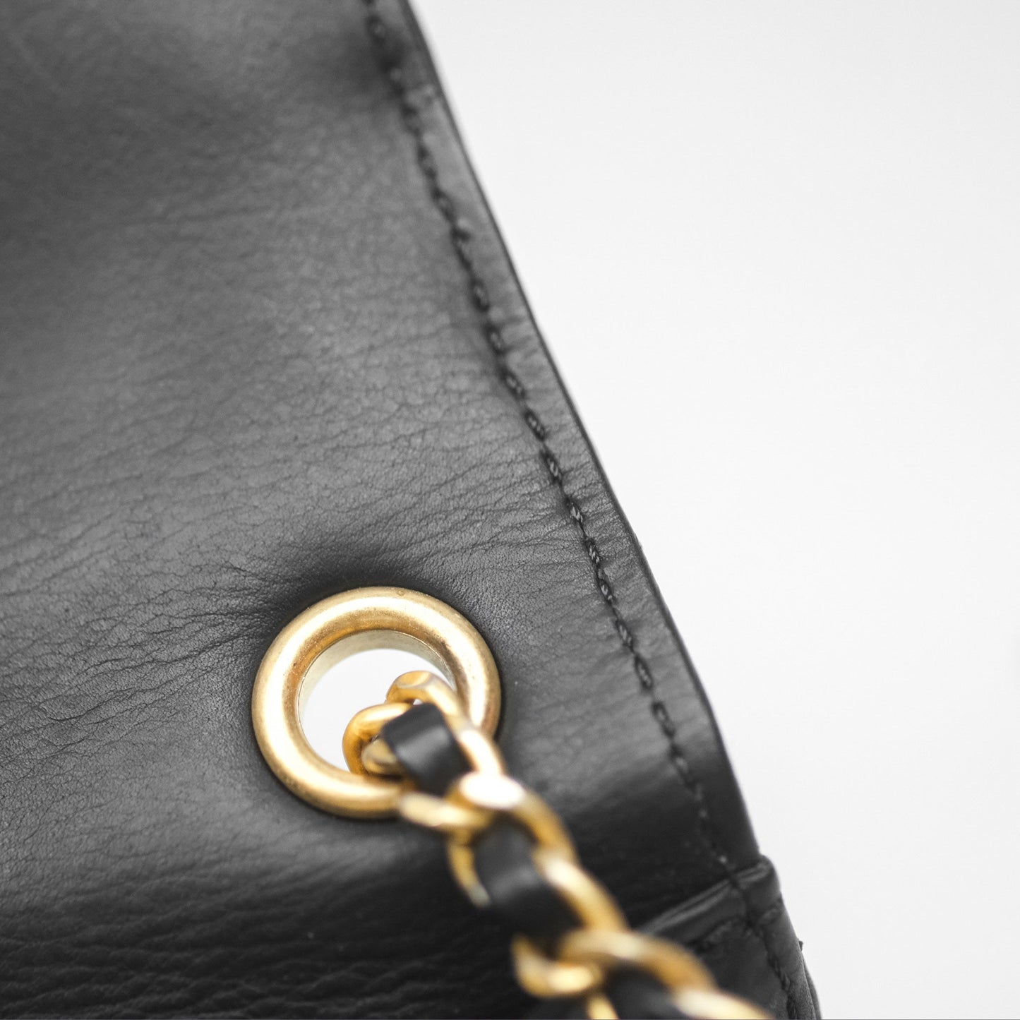 Chanel Quilted Side Chain Flap Bag Black Calfskin Aged Gold Hardware