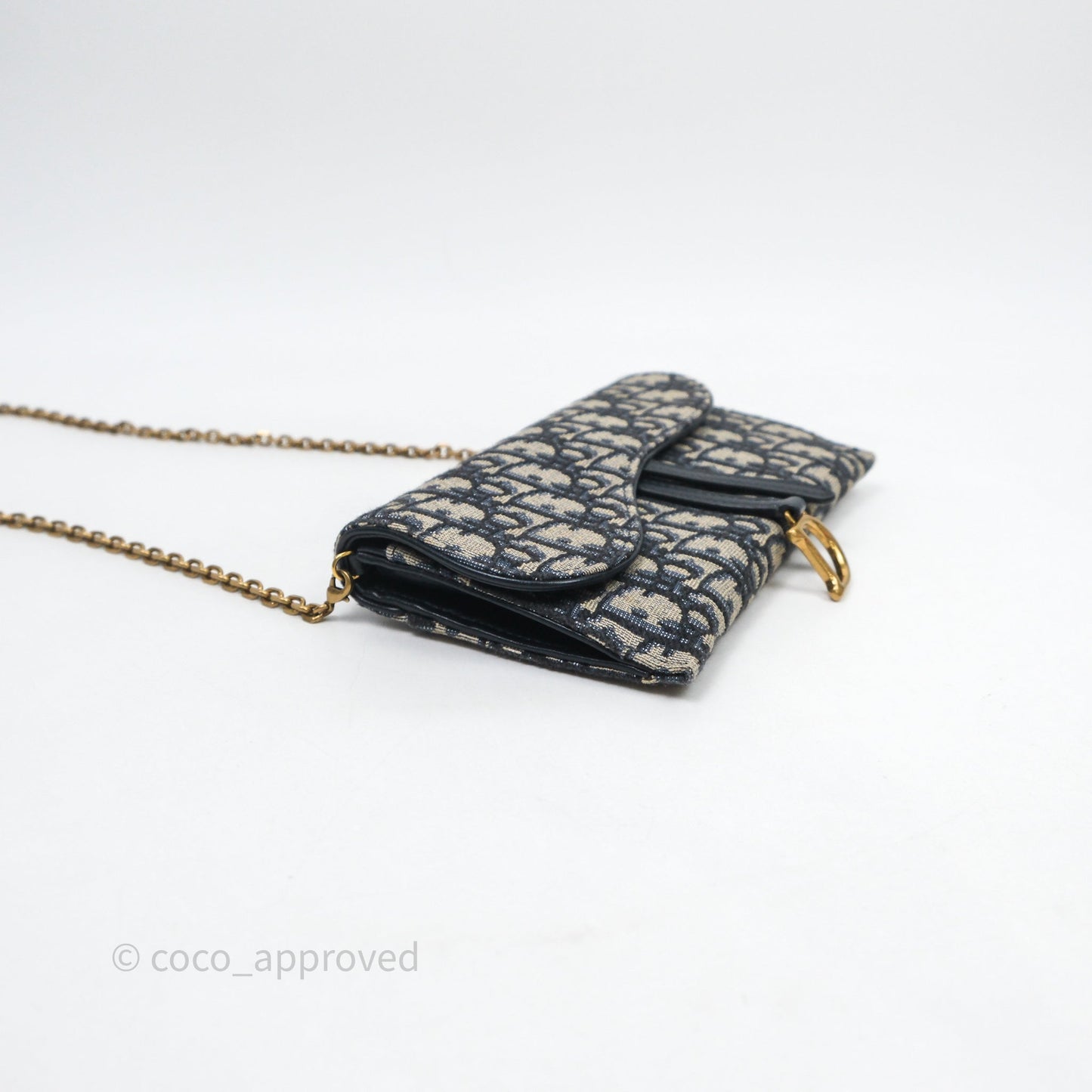 Christian Dior Small Saddle Pouch Wallet with Chain Blue Dior Oblique Jacquard
