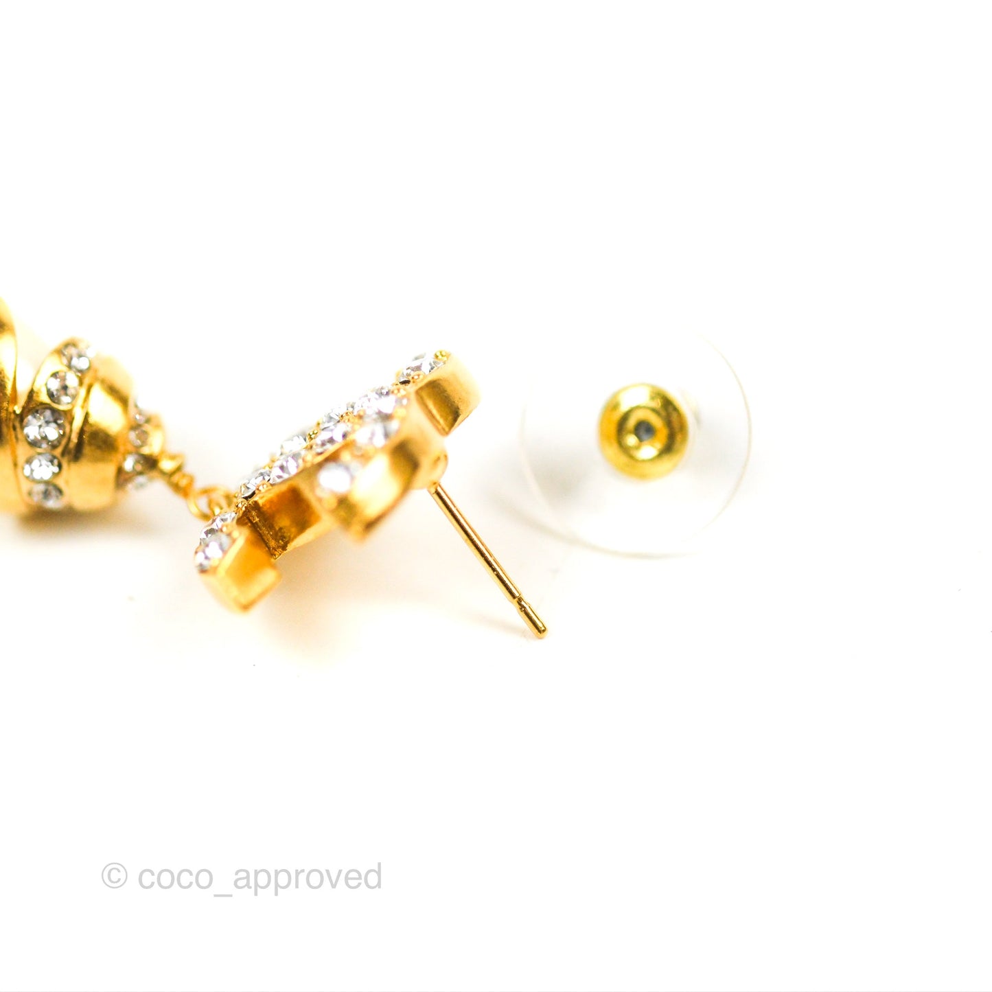 Chanel Crystal CC Drop Tear Pearl Earrings Gold Tone 22A