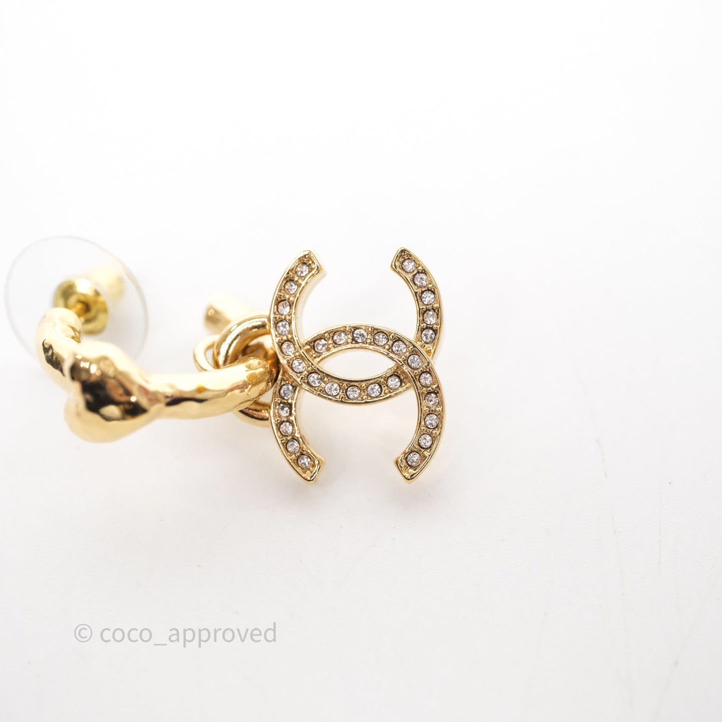 Chanel Heart Crystal CC Drop Hoop Earrings Gold Tone 23P