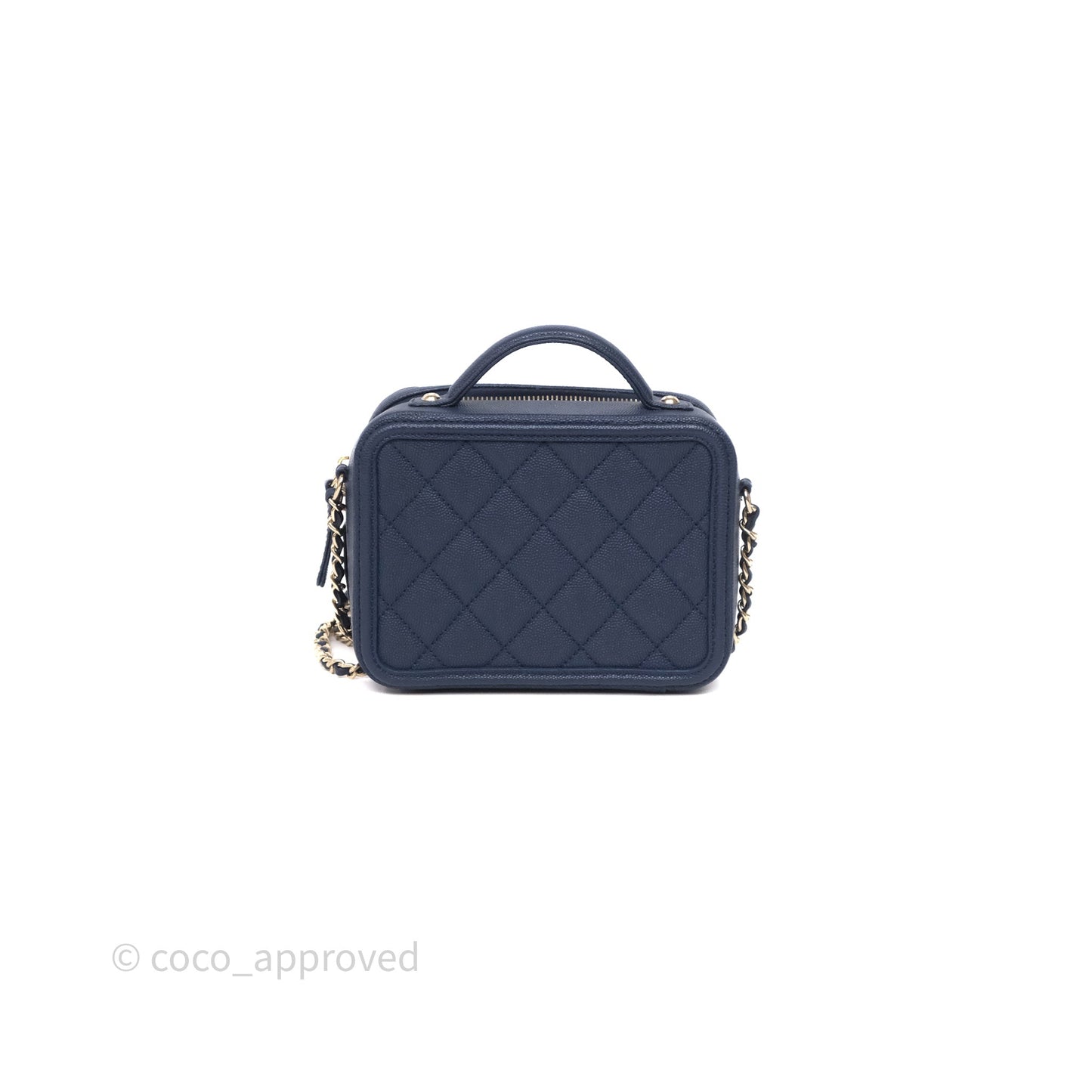 Chanel Quilted Small CC Filigree Vanity Case Navy Caviar Gold Hardware