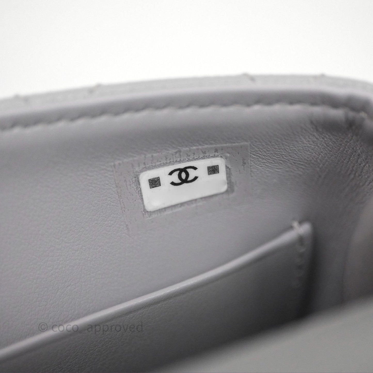 Chanel Coco Handle Clutch with Chain Quilted Light Grey Caviar Gold Hardware