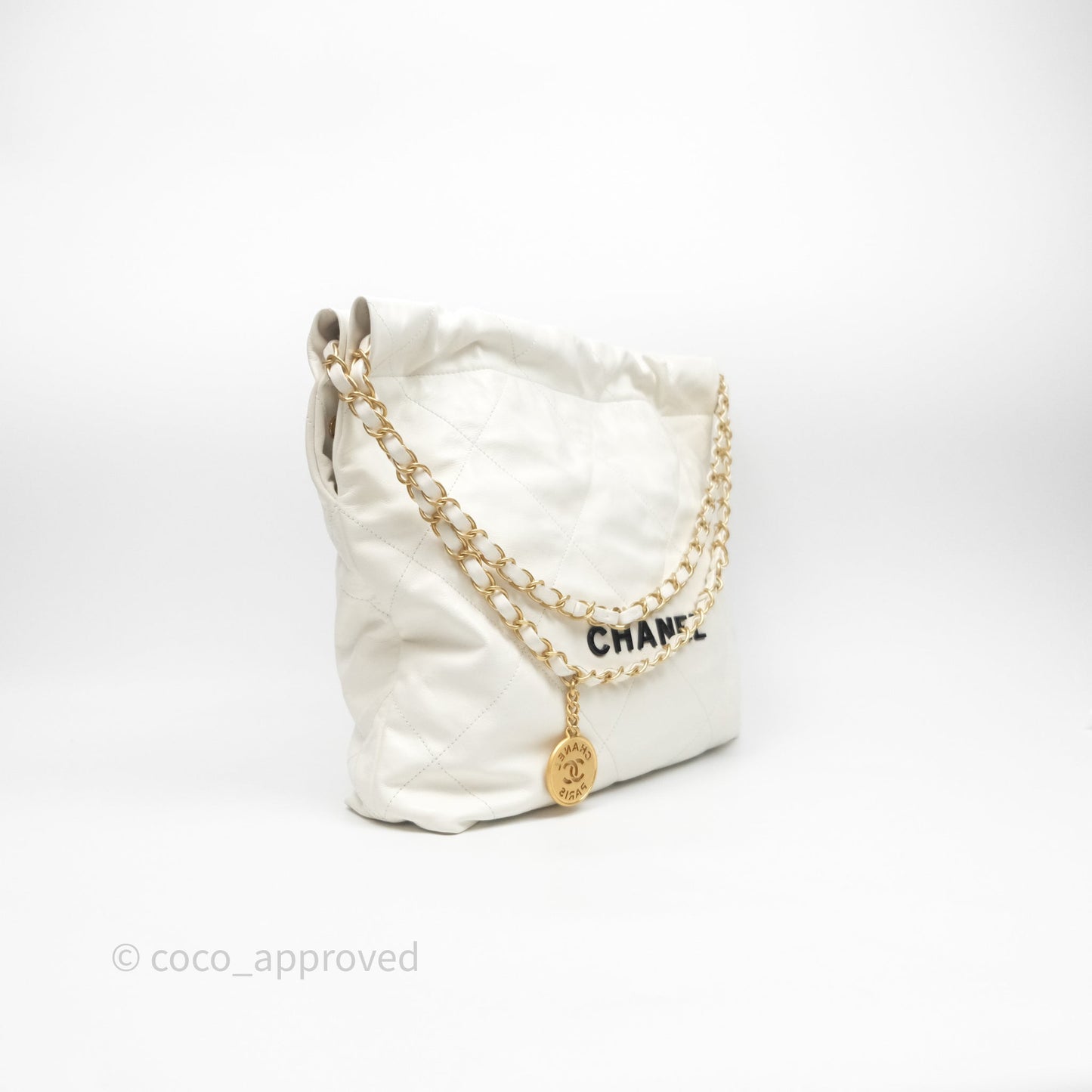 Chanel 22 Small White Aged Calfskin Black Logo Aged Gold Hardware