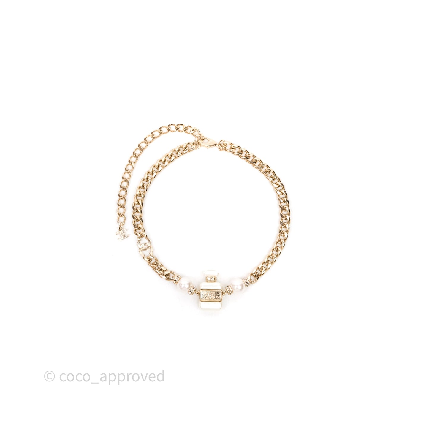 Chanel No5 Perfume Bottle Crystal Pearl Chain Choker Necklace Gold Tone 22S
