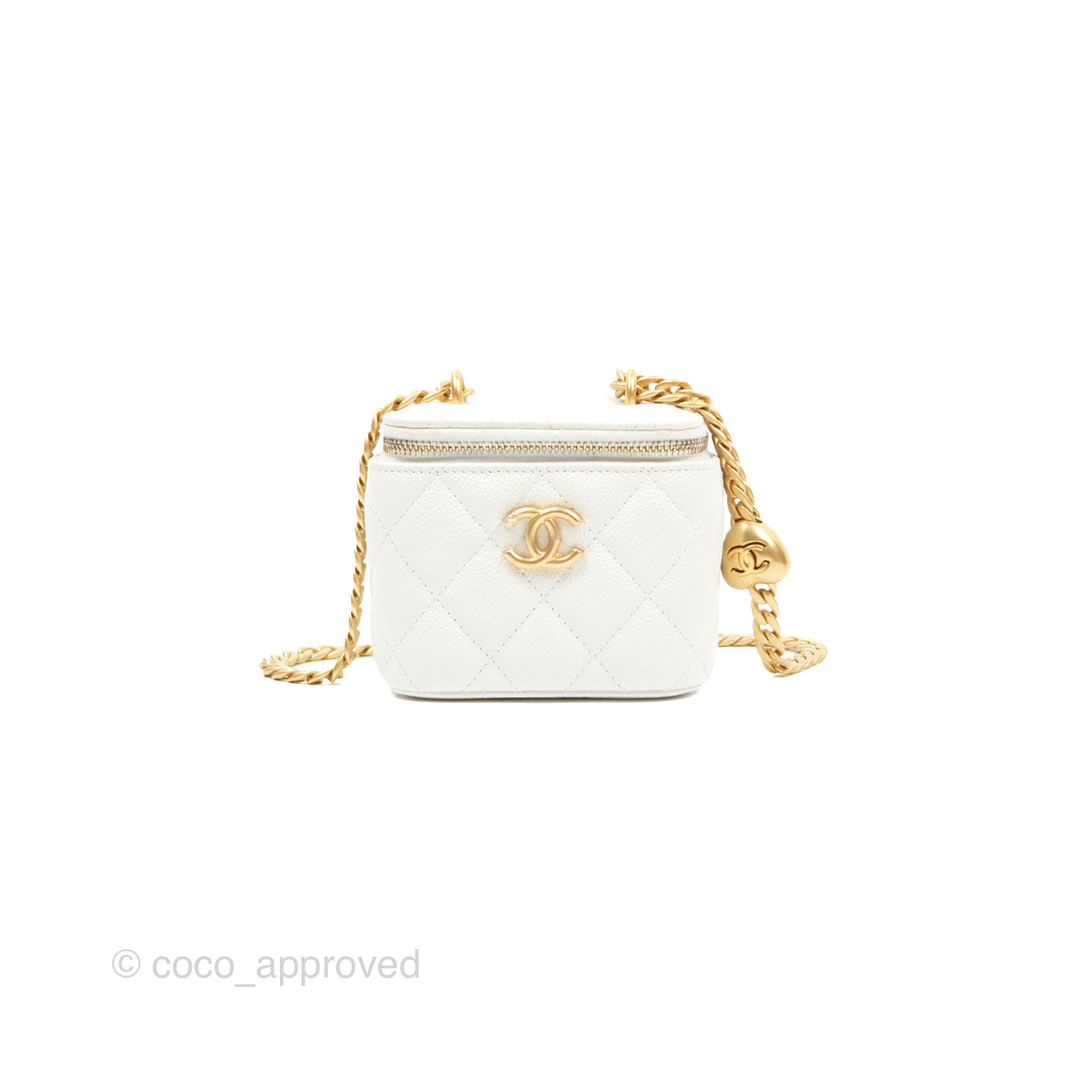 Chanel Quilted Heart Crush Mini Vanity With Chain White Caviar Aged Gold Hardware