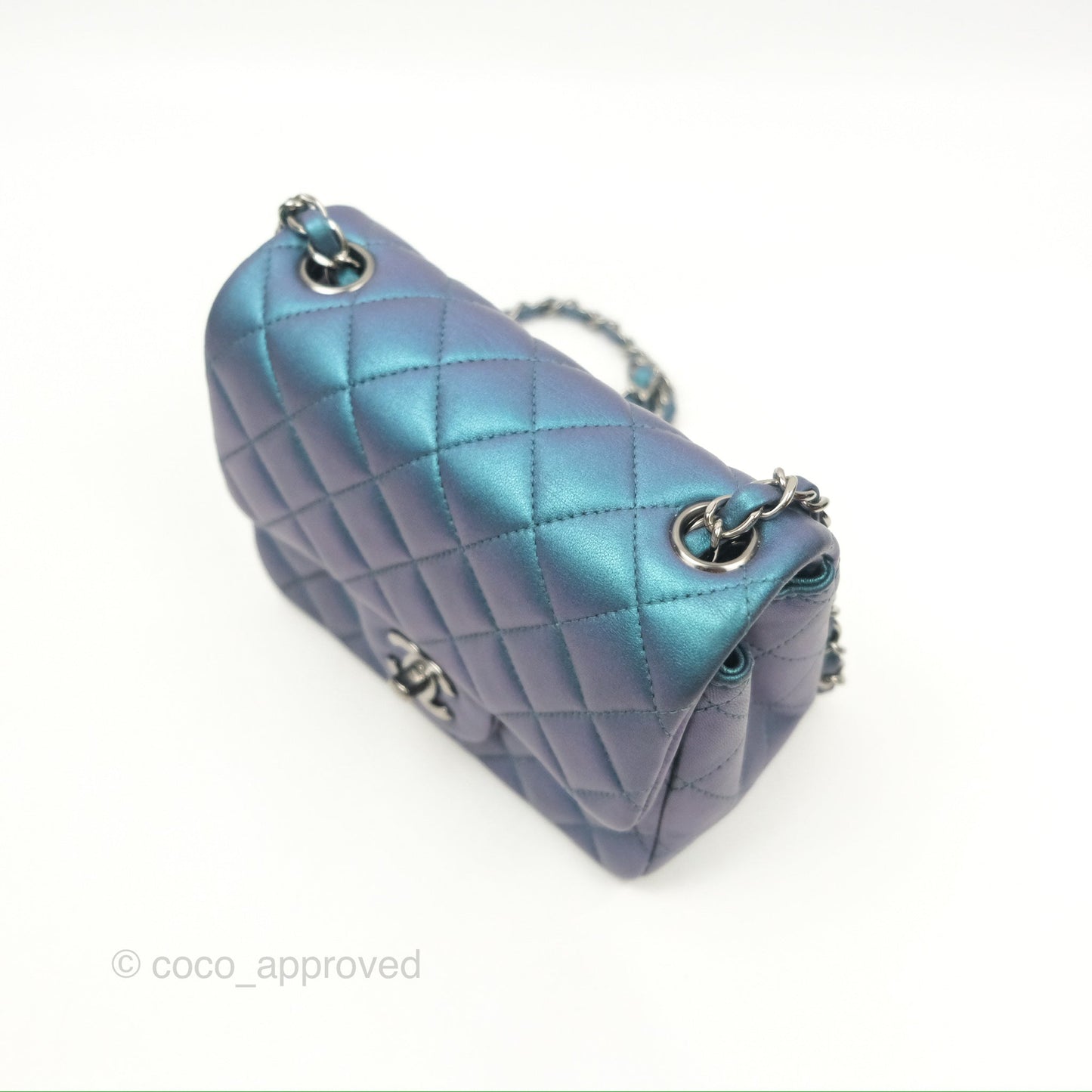 Chanel Mini Square Flap Quilted Iridescent Teal Lambskin Gun Metal