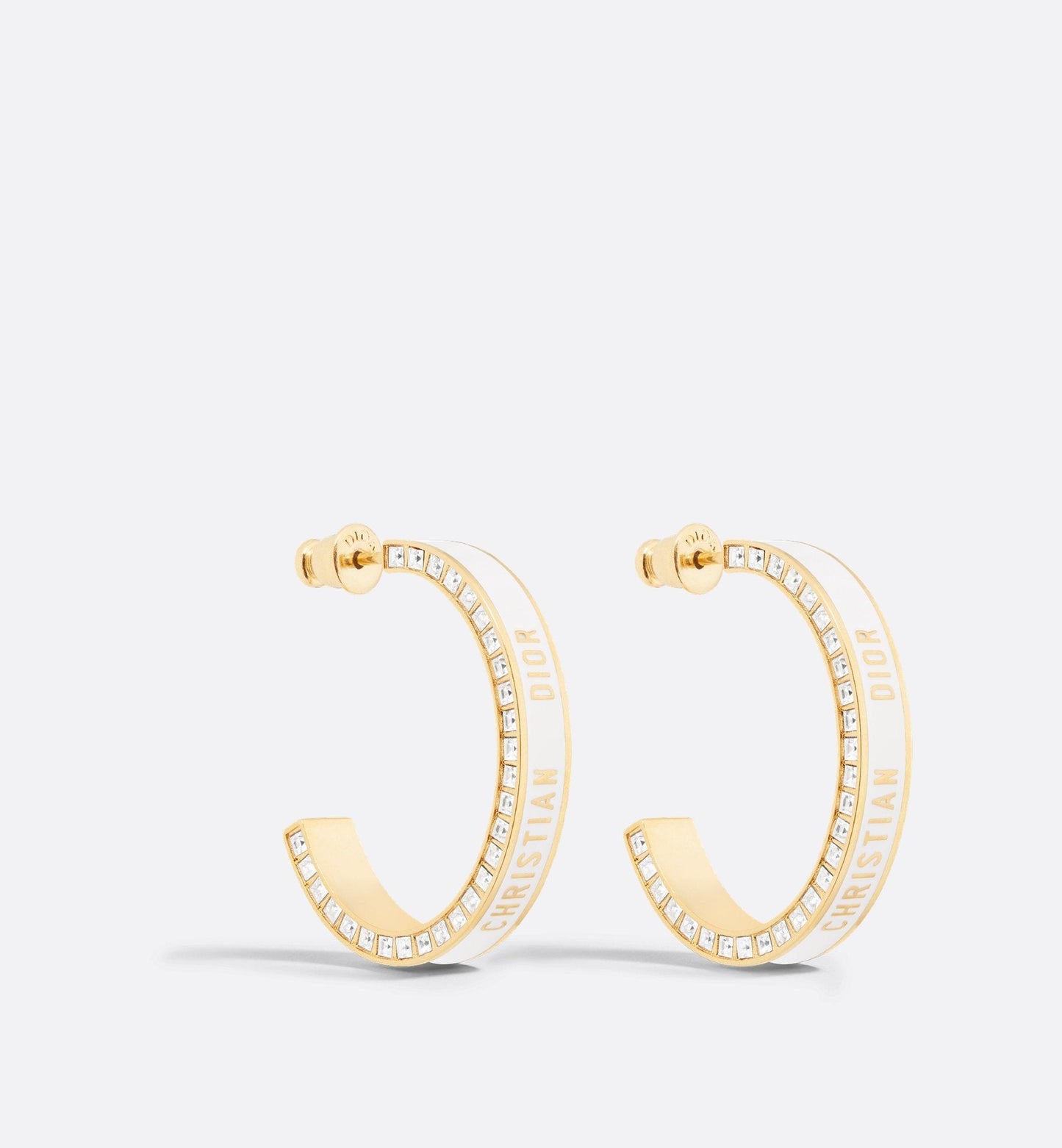 Large Luxury Dior Night Code Hoop Earrings Gold Finish Metal, White Crystals And White Lacquer