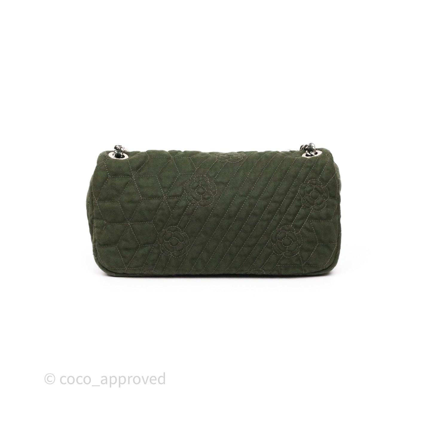 Chanel Camellia Flap Bag Army Green Denim Silver Hardware
