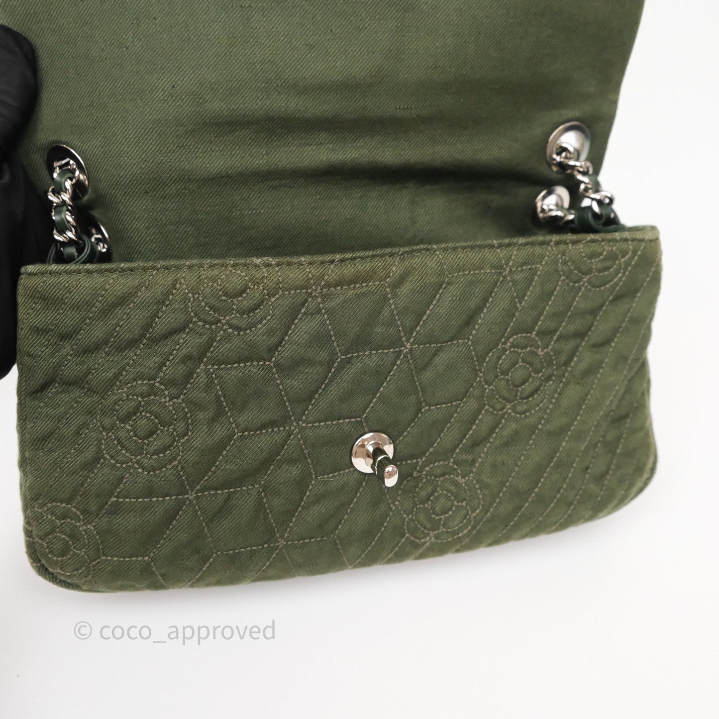 Chanel Camellia Flap Bag Army Green Denim Silver Hardware