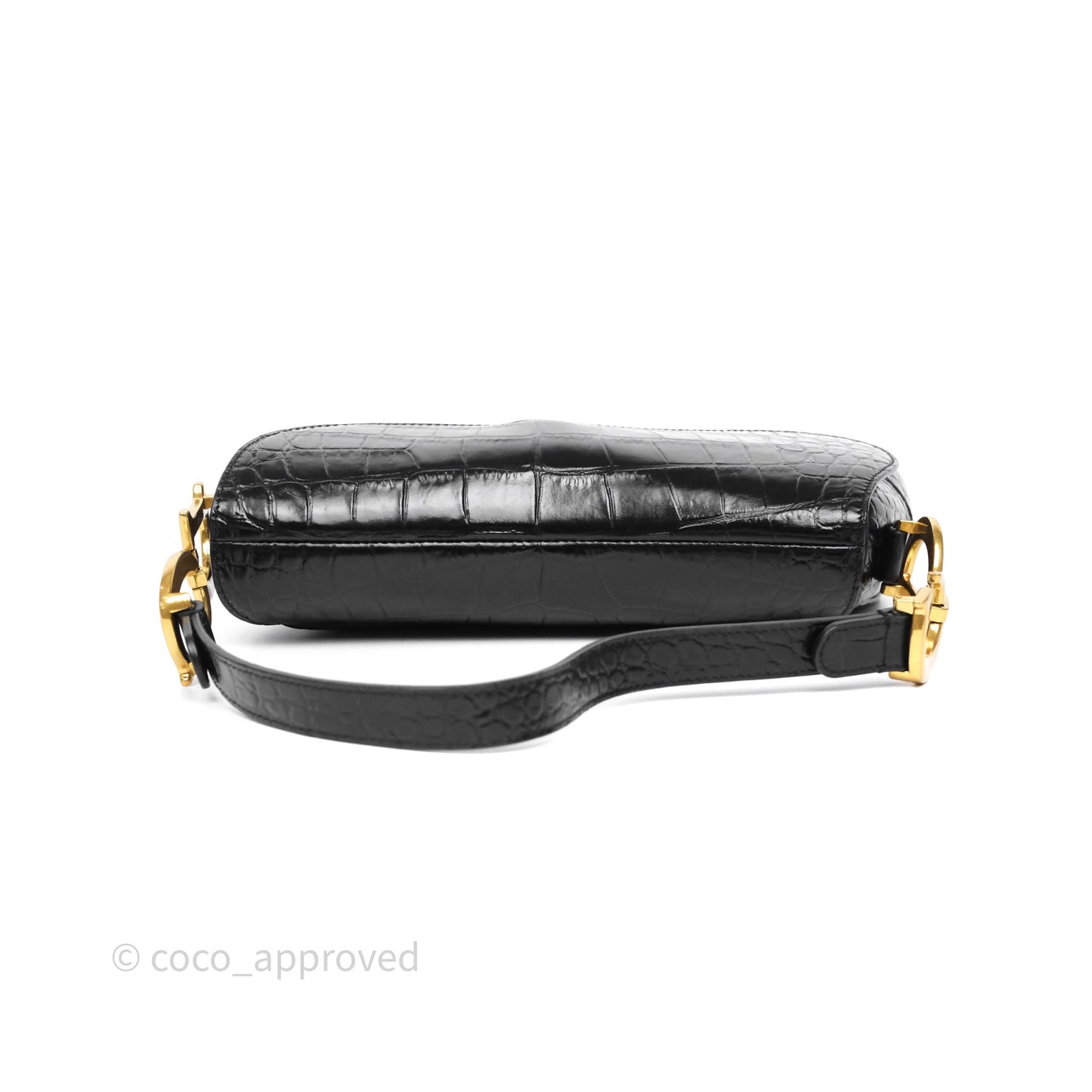 Christian Dior Saddle Bag Black Shiny Crocodile Gold Hardware