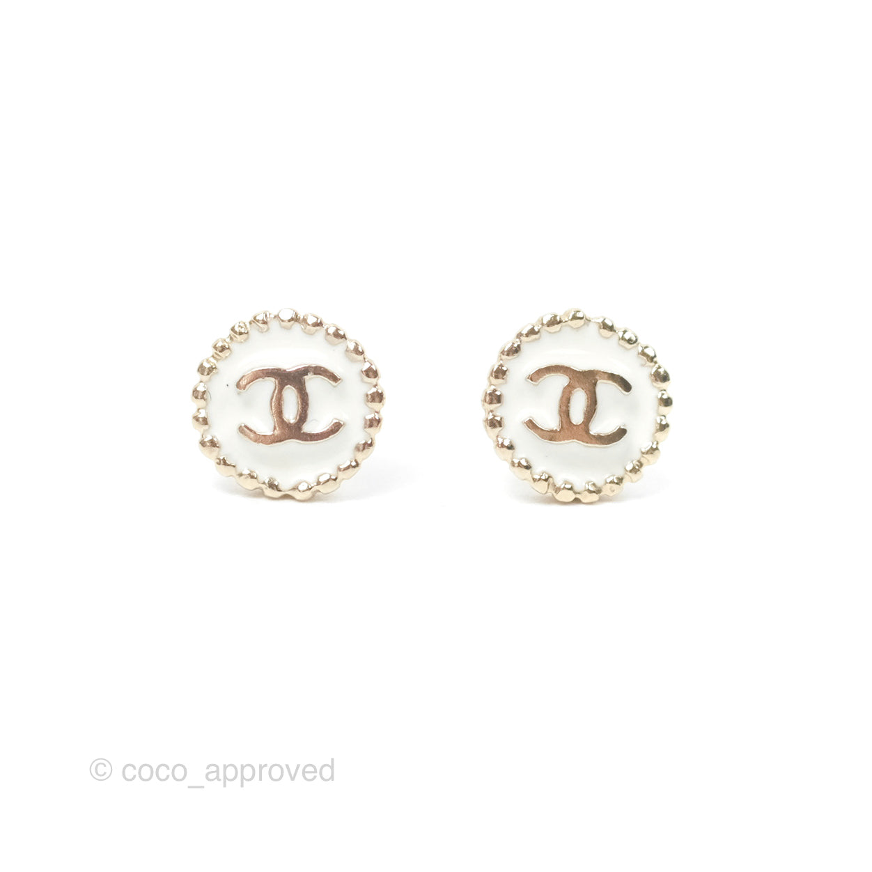 Chanel CC Round White Earrings Gold Tone