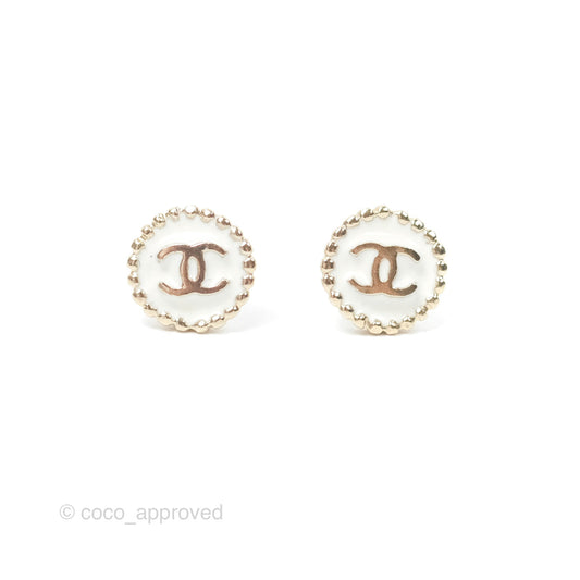 Chanel CC Round White Earrings Gold Tone