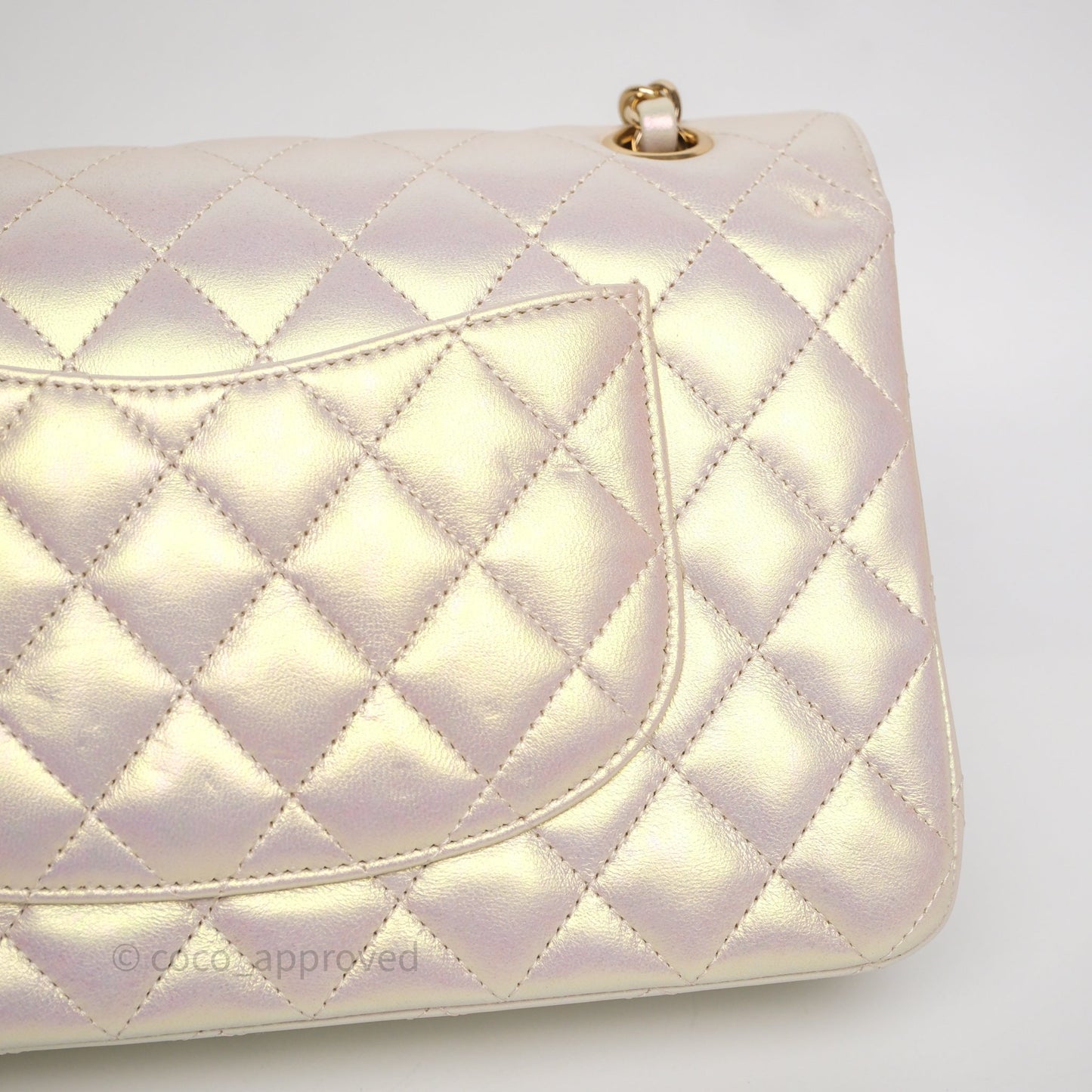 Chanel Classic Medium Double Flap Iridescent Beige Gold Hardware 21S