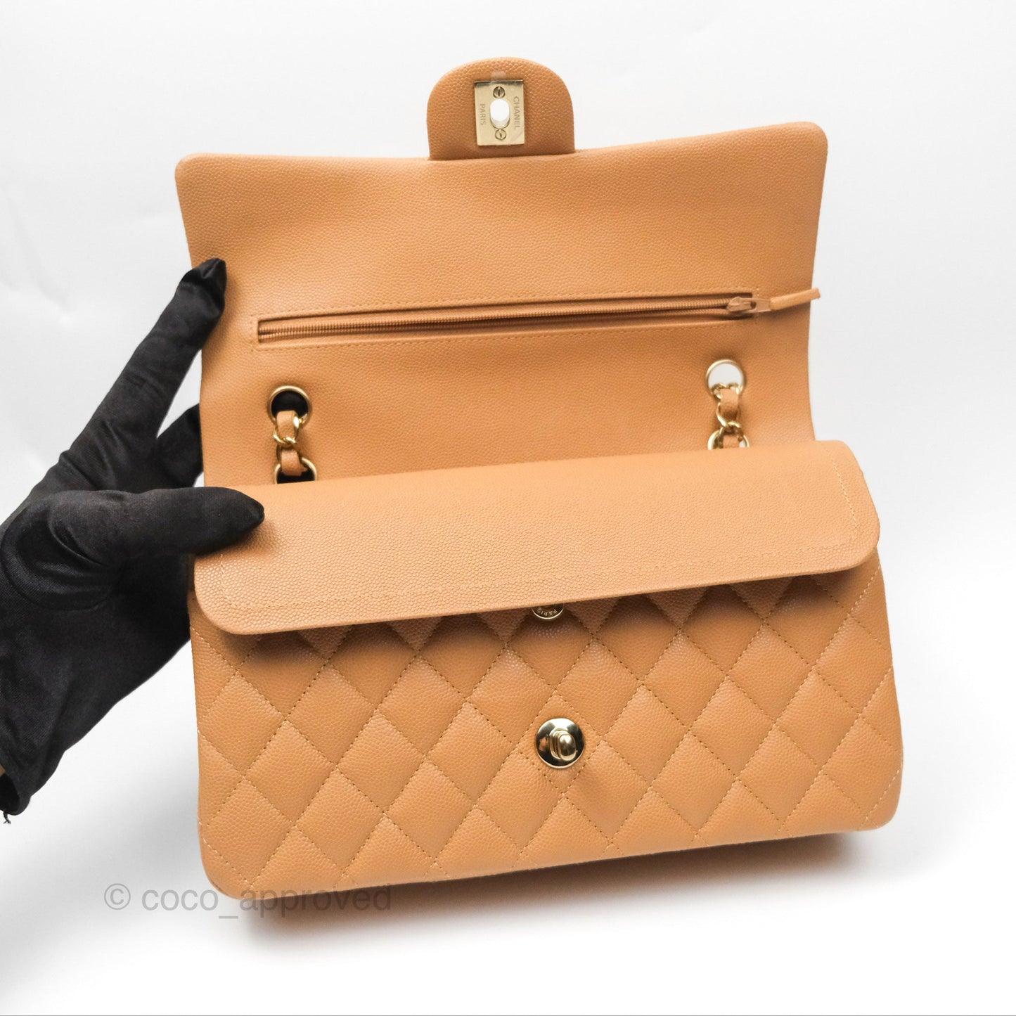 Chanel Classic M/L Medium Flap Quilted Beige Caviar Gold Hardware 23P