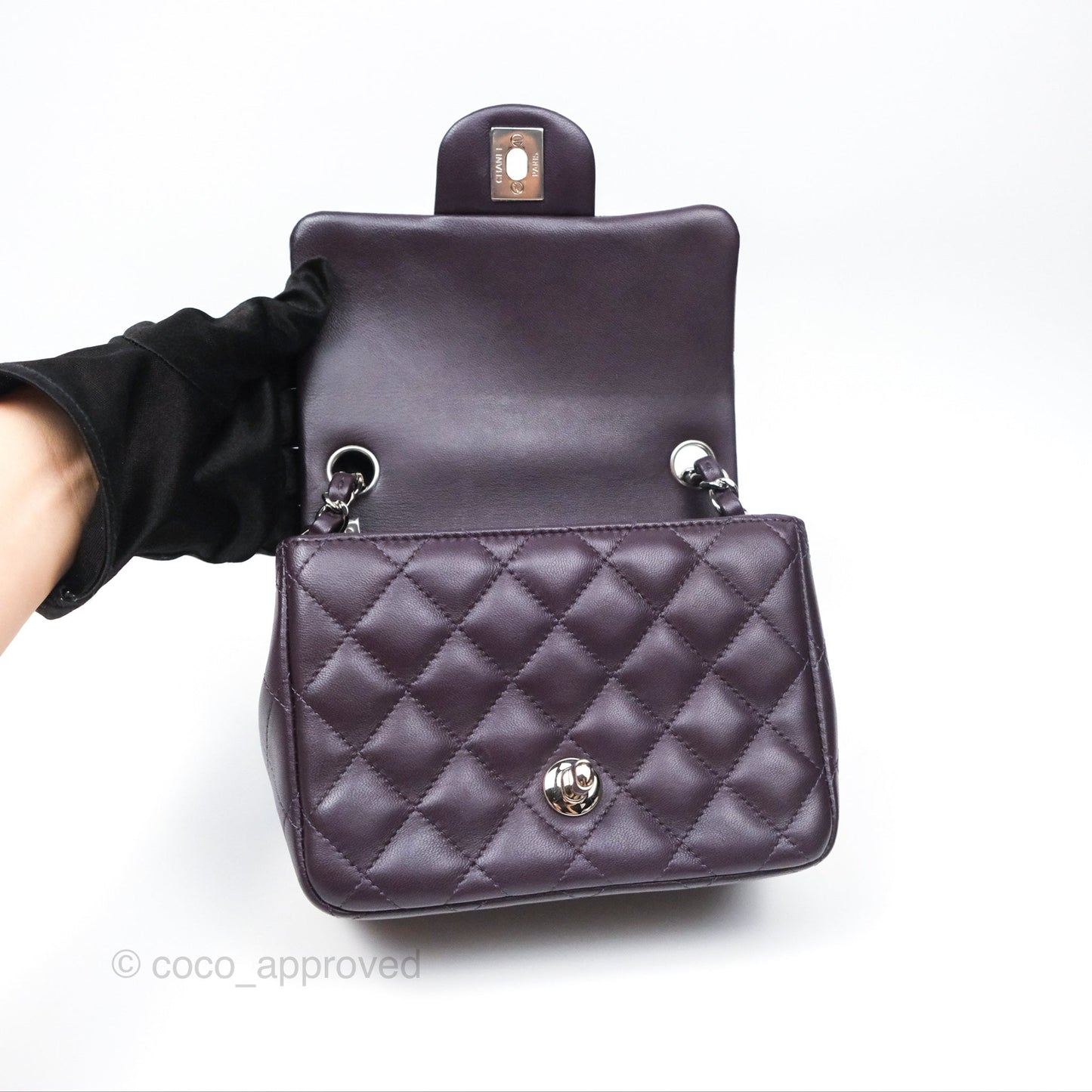 Chanel Quilted Mini Square Dark Purple Lambskin Silver Hardware