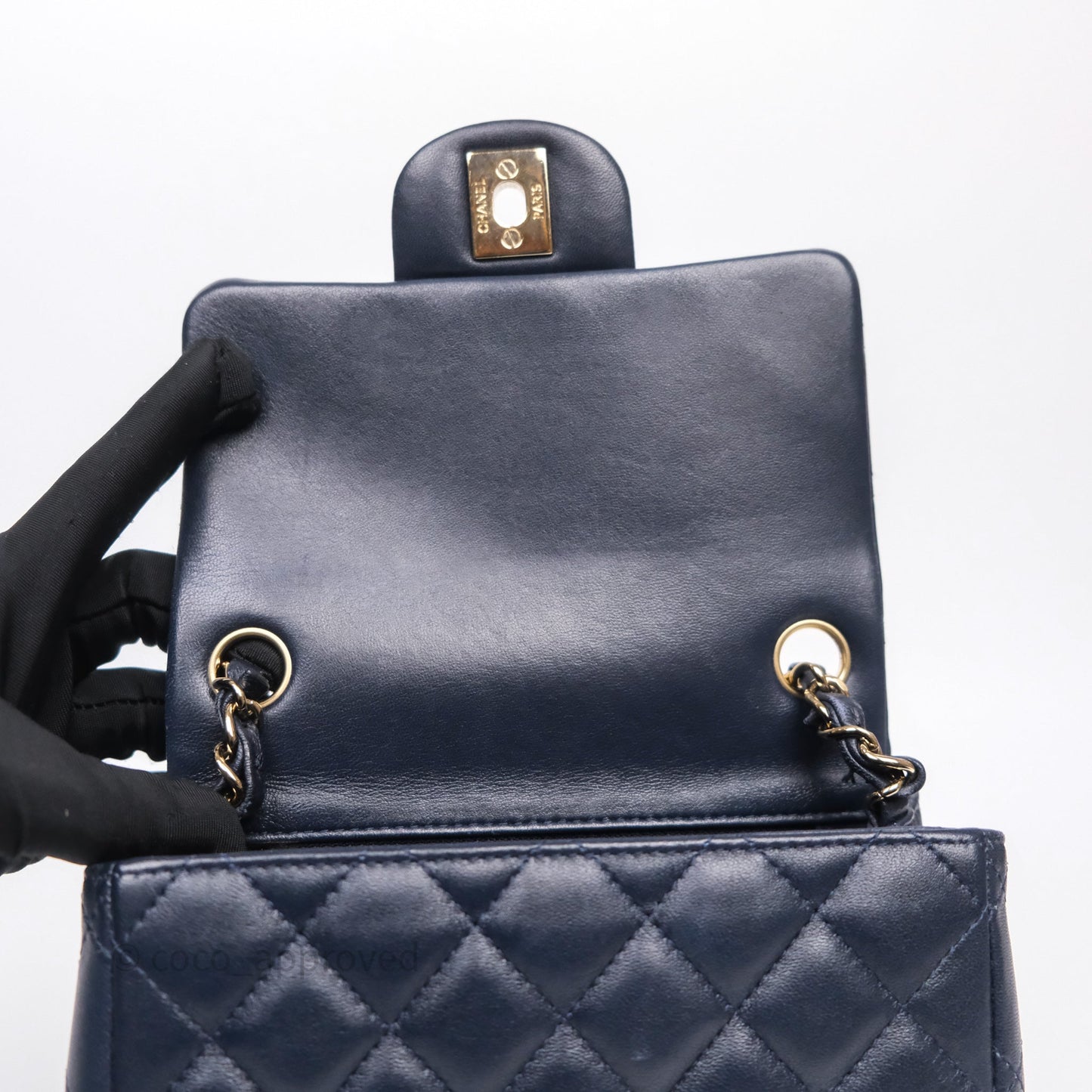 Chanel Mini Square Flap Quilted Navy Lambskin Gold Hardware