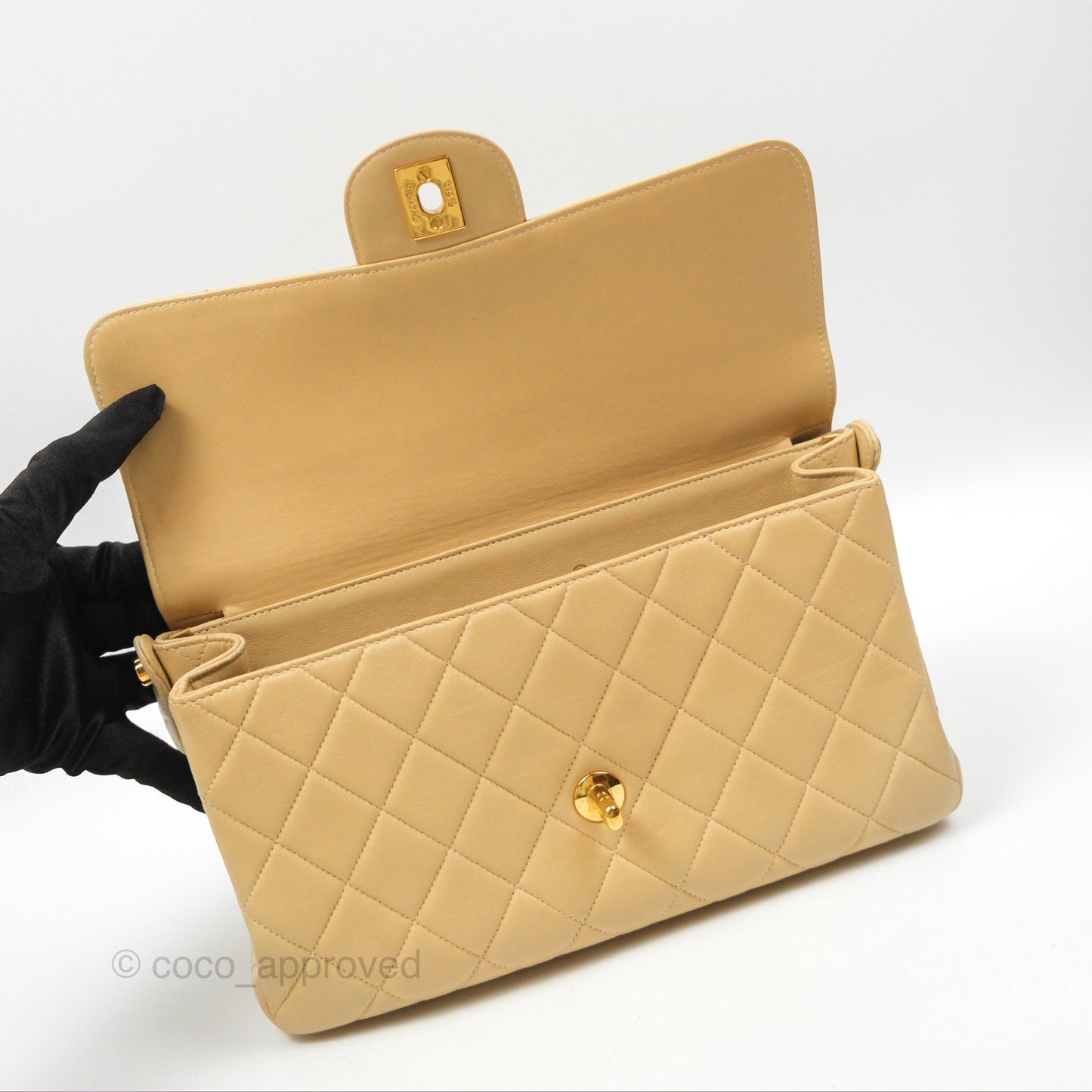 Chanel Vintage Double Sided Flap Bag Quilted Beige Lambskin Gold Hardware