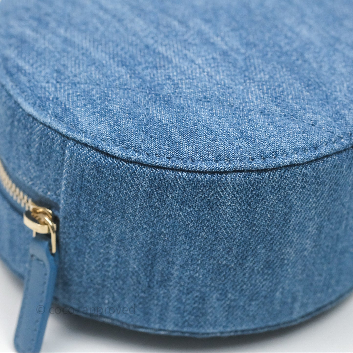 Chanel Quilted Pearl Crush Round Clutch With Chain Denim Aged Gold Hardware