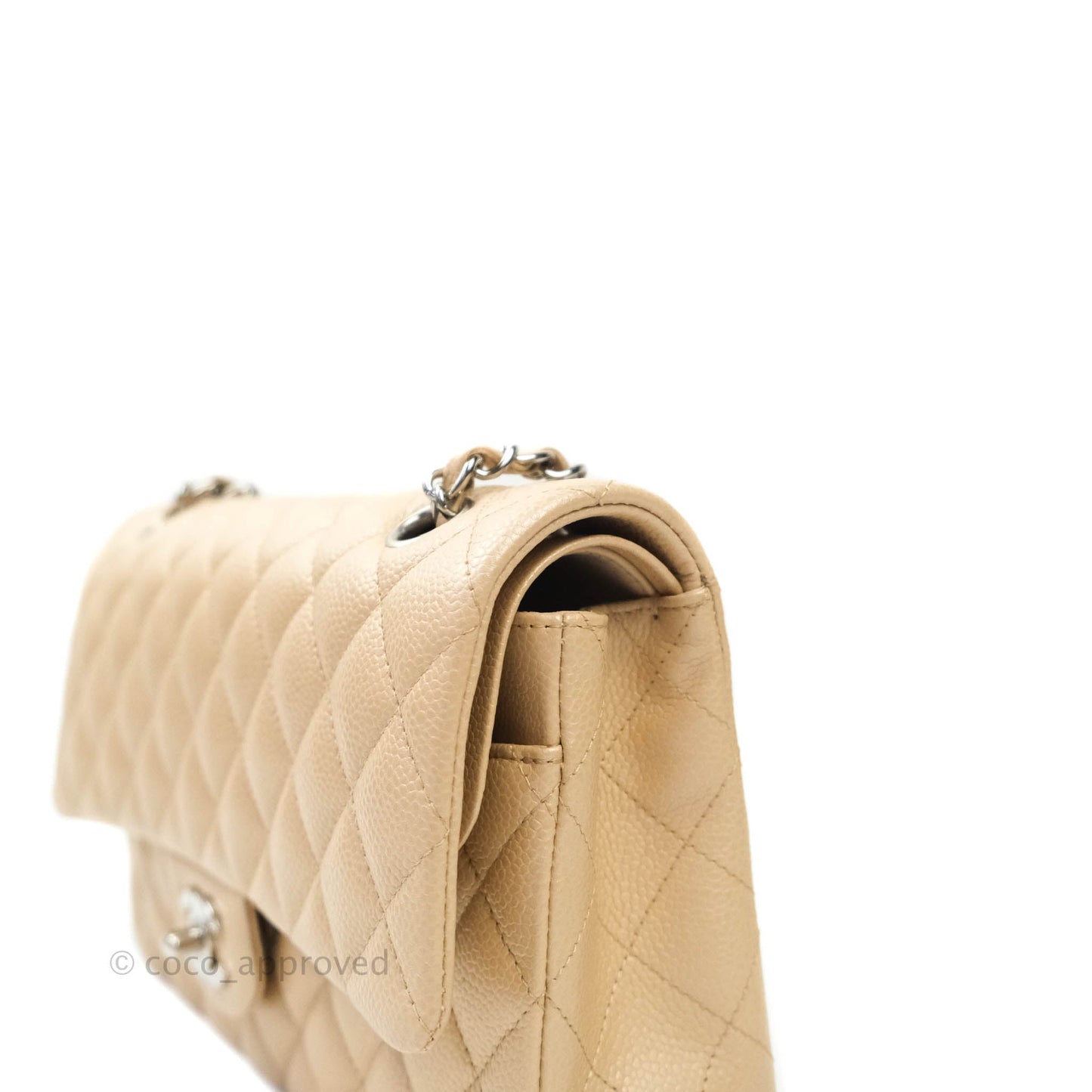 Chanel M/L Medium Double Flap Bag Iridescent Beige Caviar Silver Hardware