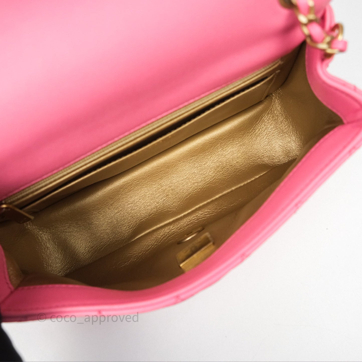 Chanel Mini Rectangular Pearl Crush Quilted Pink Lambskin Aged Gold Hardware