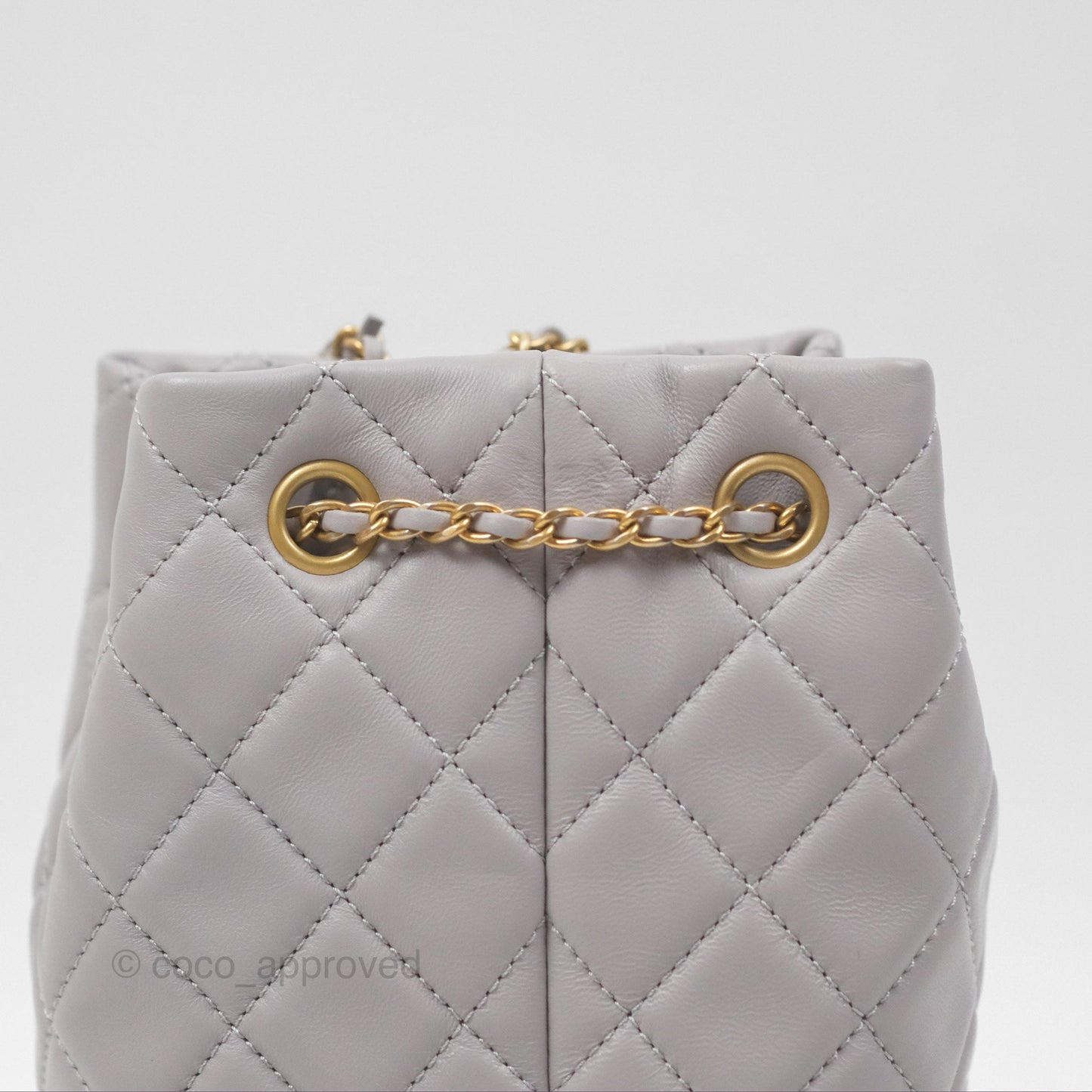 Chanel Pearl Crush Drawstring Bucket Bag Grey Lambskin Aged Gold Hardware