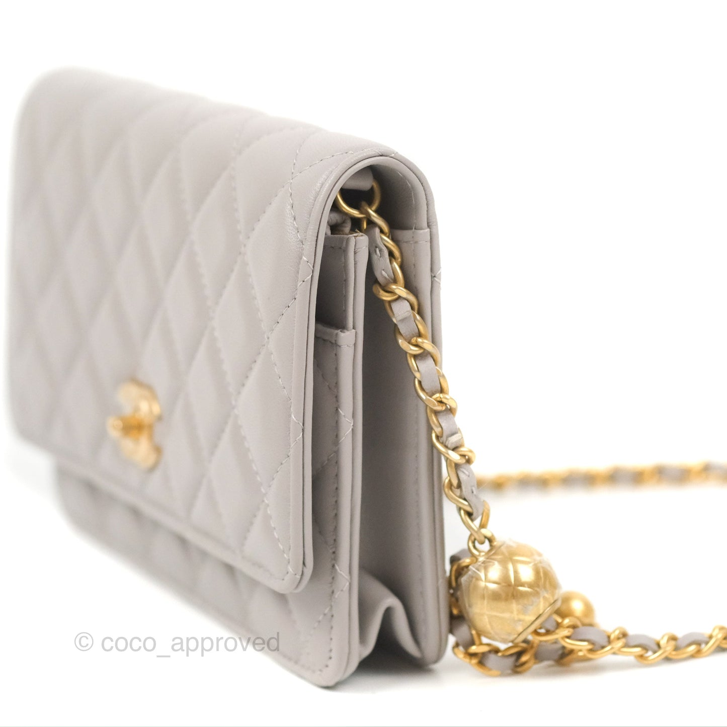 Chanel Quilted Pearl Crush Wallet on Chain WOC Light Grey Lambskin Aged Gold Hardware