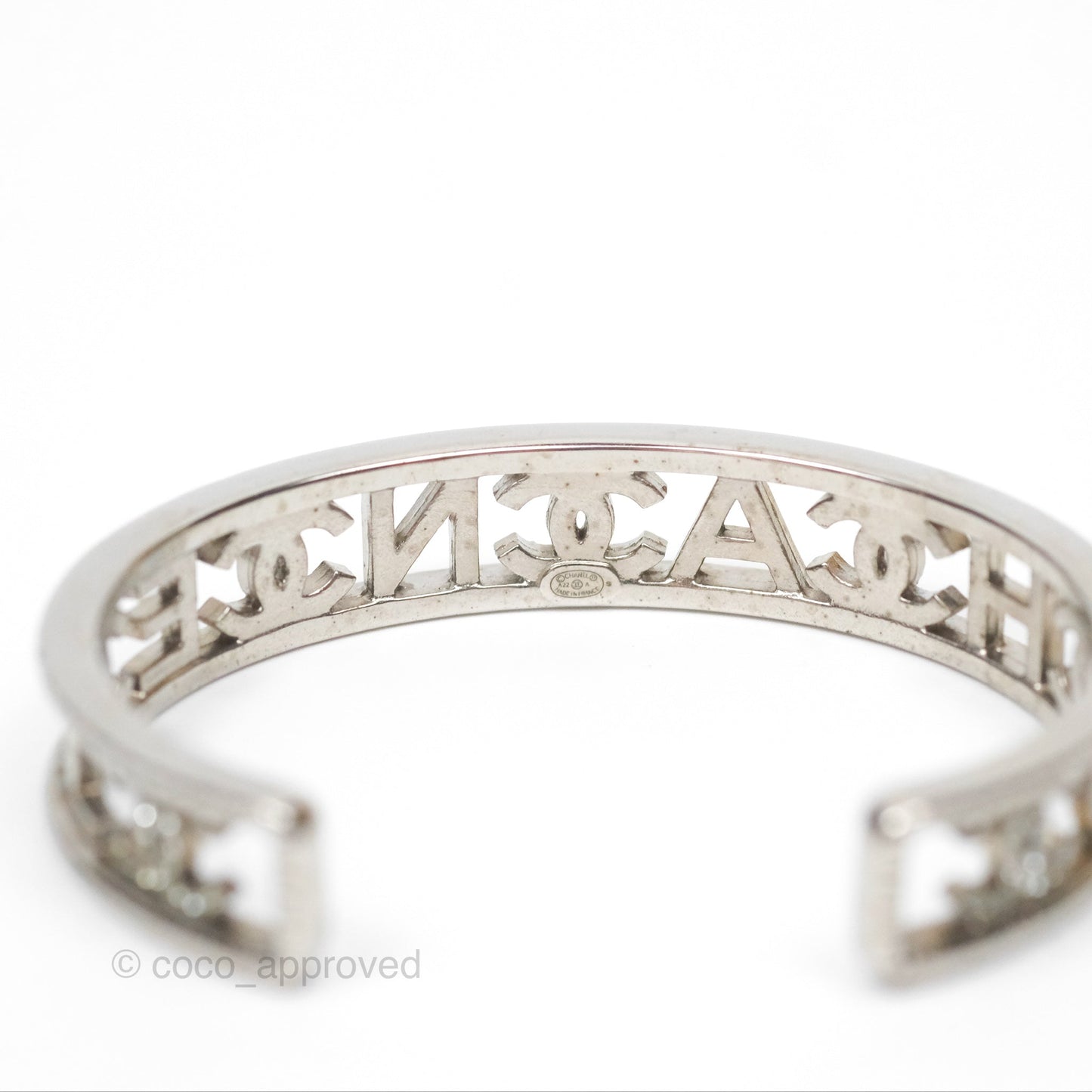 Chanel Logo CC Crystals Bangle Silver Tone 22A