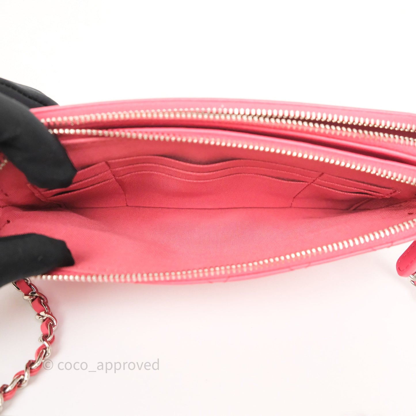 Chanel Double Zip Clutch On Chain Dark Pink Lambskin Silver Hardware