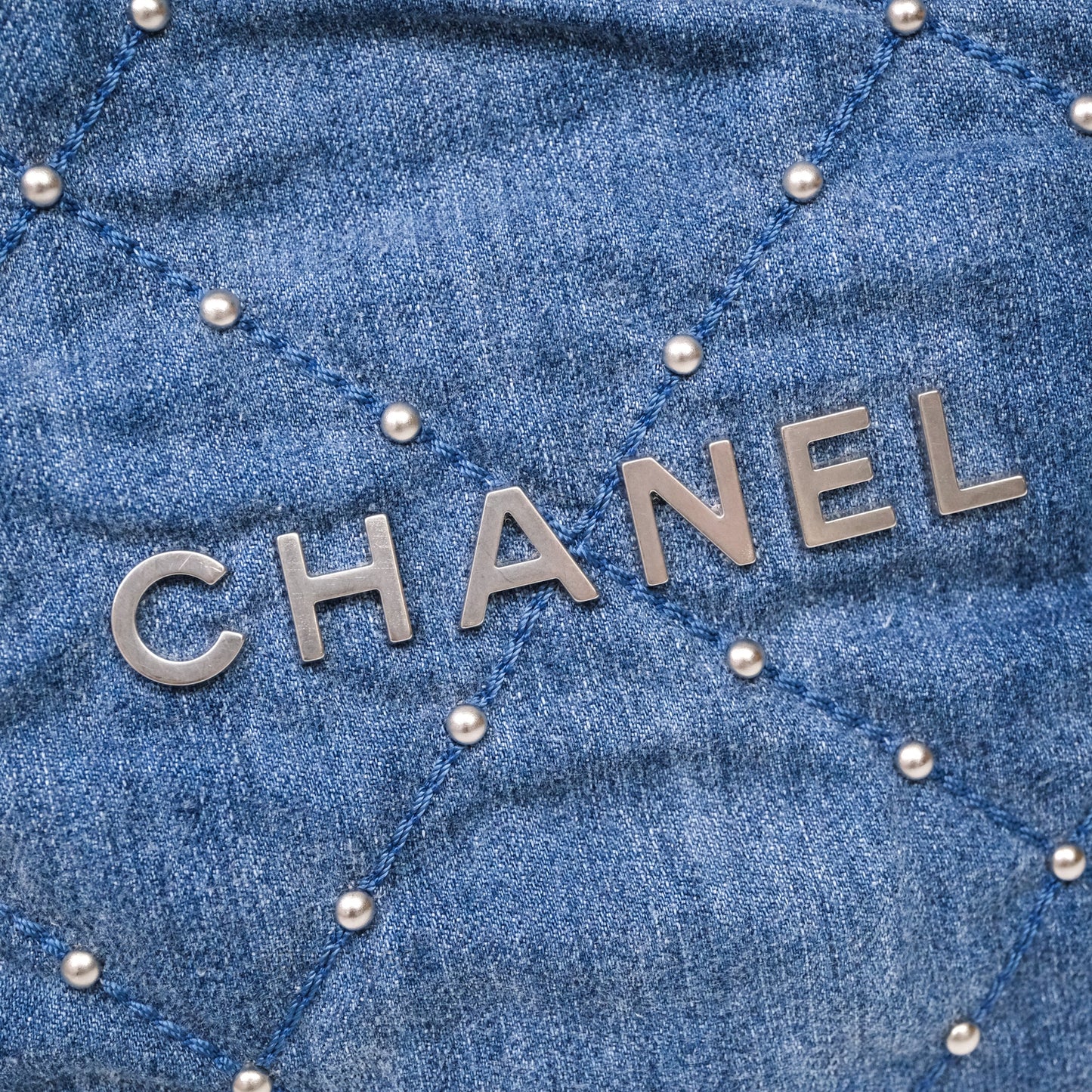 Chanel 22 Small Pearl Studded Denim Silver Hardware