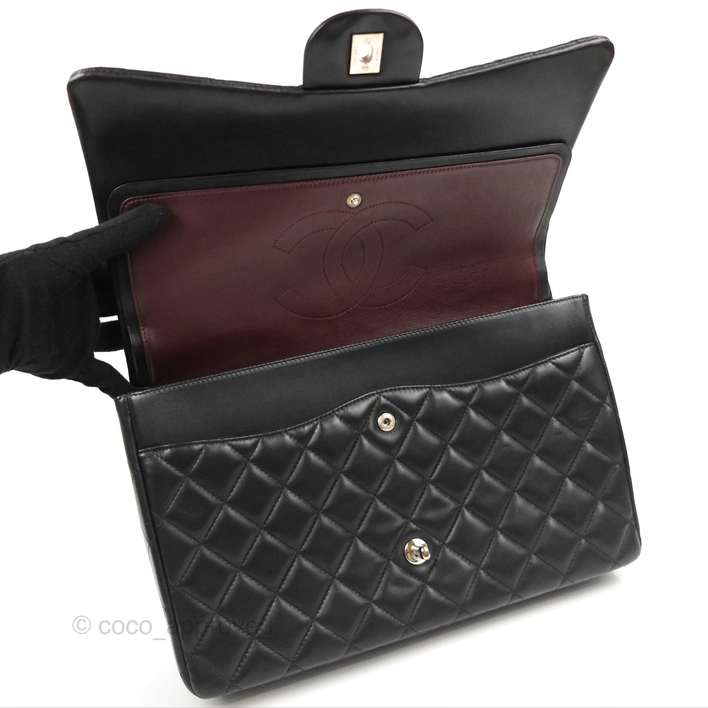 Chanel Quilted Maxi Double Flap Black Lambskin Silver Hardware