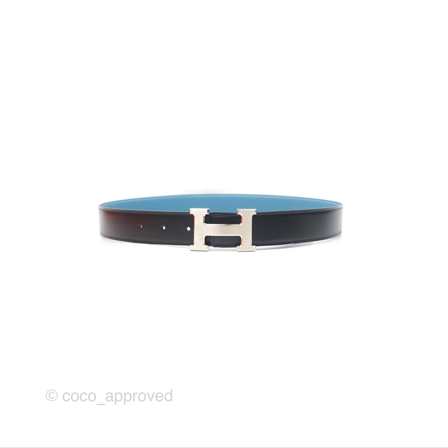 Hermès H Silver Belt Buckle & Reversible Blue Black