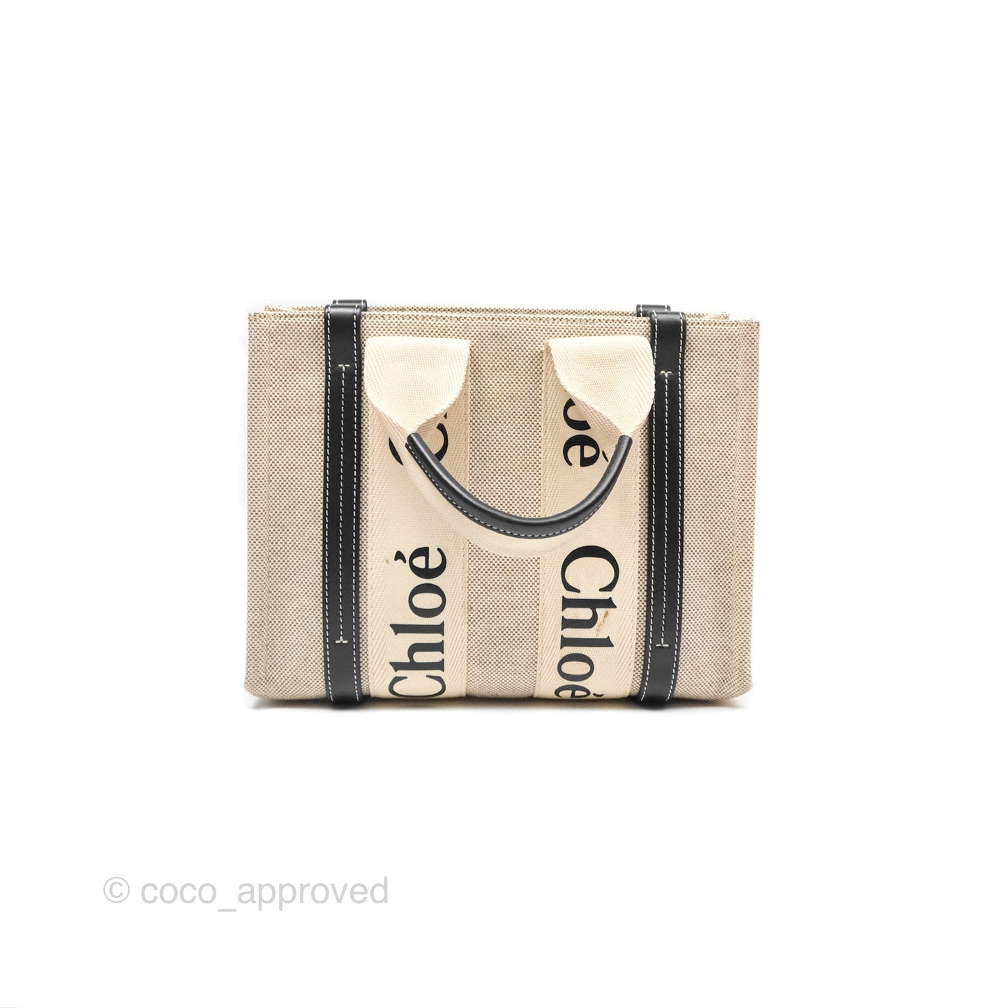 Chloe Small Woody Tote Bag Cotton Canvas & Black Calfskin with Woody Ribbon
