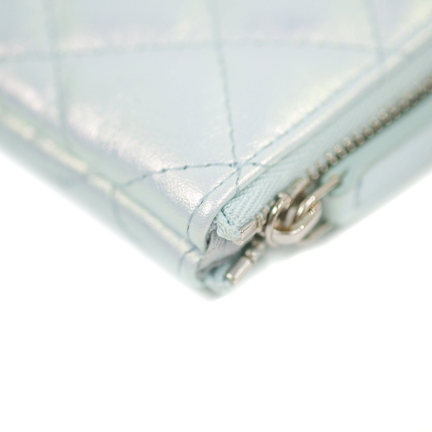 Chanel Quilted Mini O Case Iridescent Icy Blue Calfskin Silver Hardware