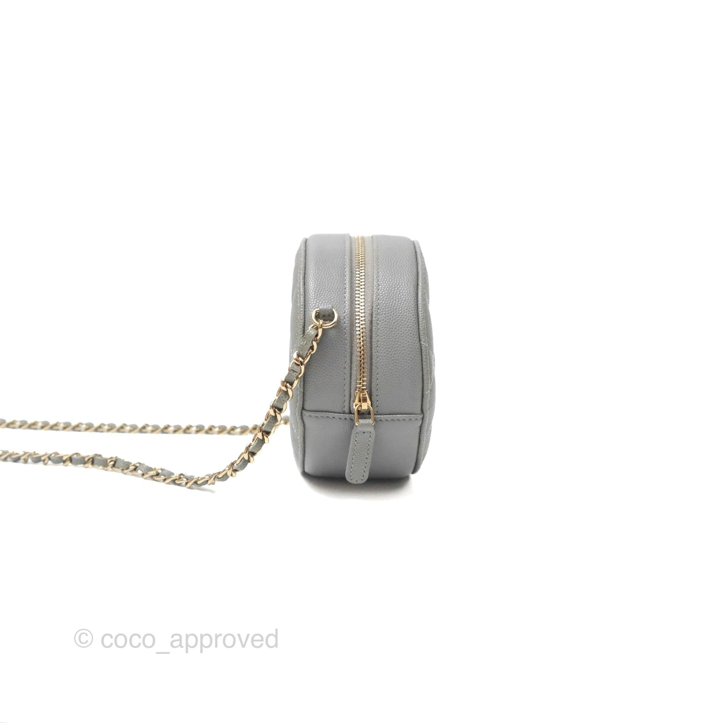 Chanel Classic Quilted Round Clutch With Chain Grey Caviar Gold Hardware