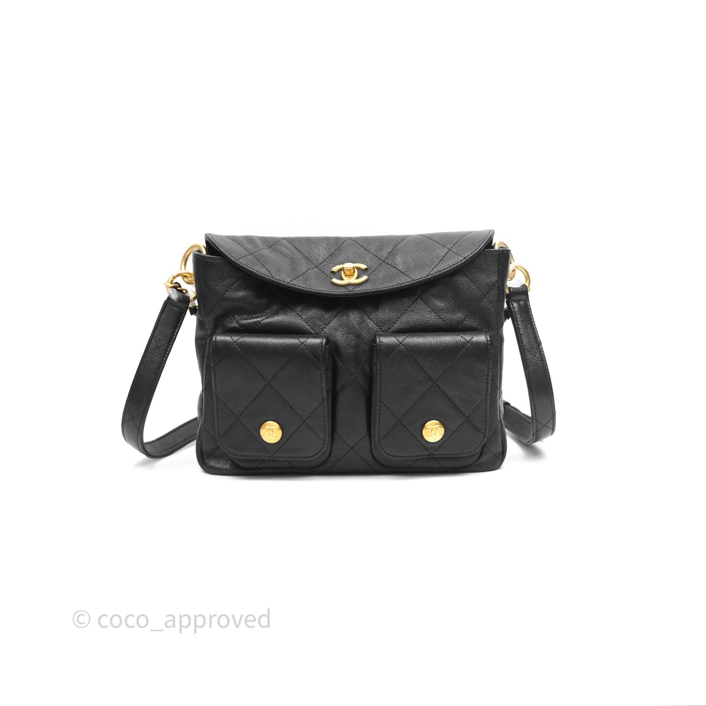 Chanel Double Pocket Hobo Bag Black Caviar Brushed Gold Hardware