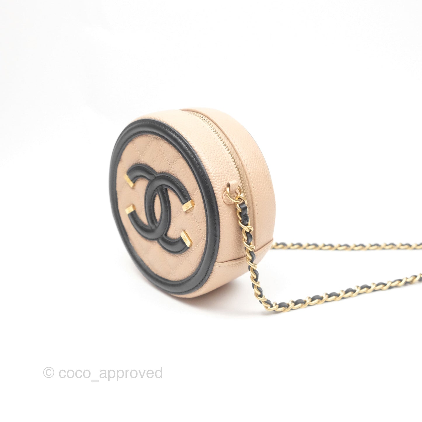 Chanel Quilted Round Filigree Clutch With Chain Beige Black Caviar Gold Hardware