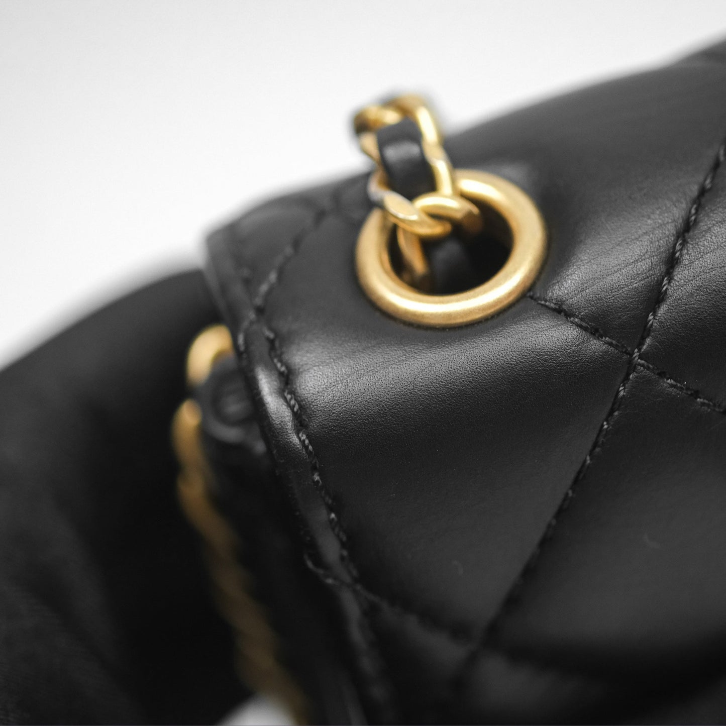 Chanel Quilted Side Chain Flap Bag Black Calfskin Aged Gold Hardware