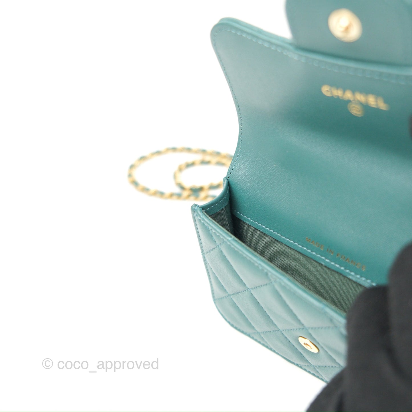 Chanel Mini Handle Flap Coin Purse With Chain Teal Green Lambskin Aged Gold Hardware