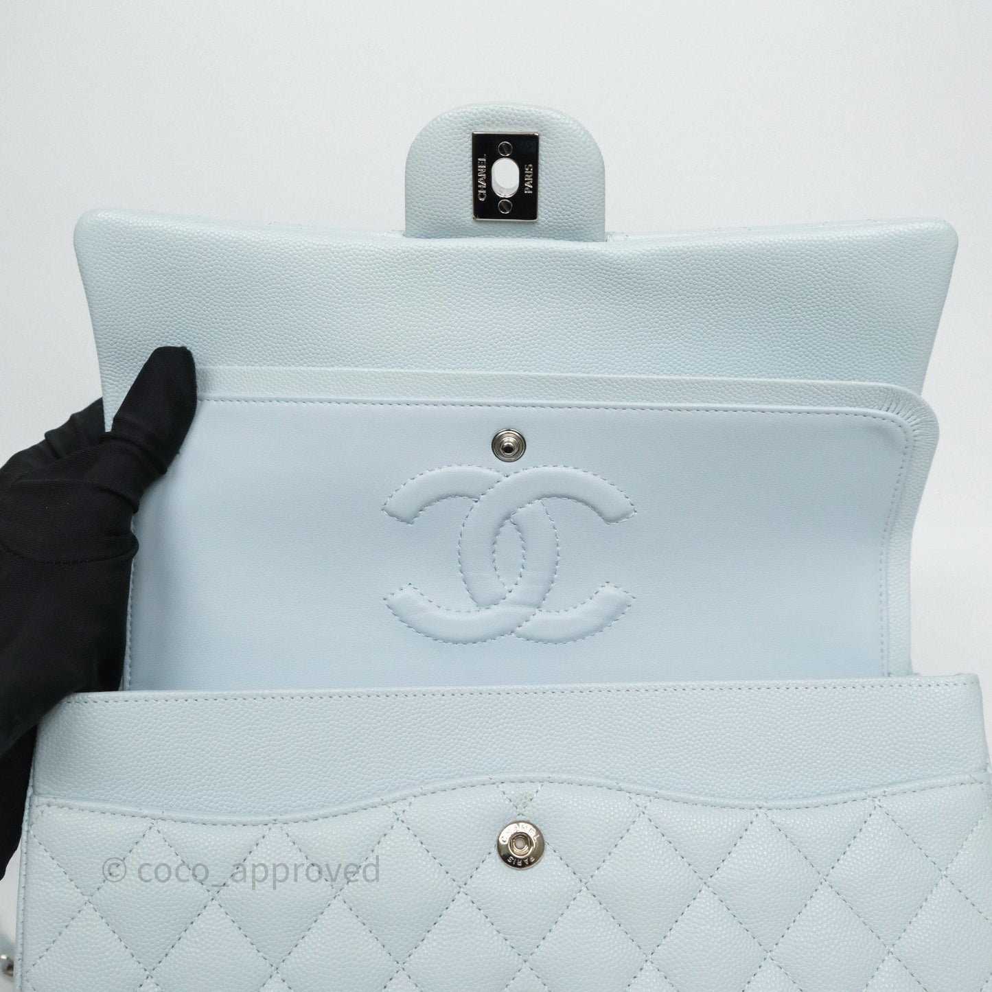 Chanel Classic M/L Medium Flap Quilted Light Blue Caviar Silver Hardware 21K